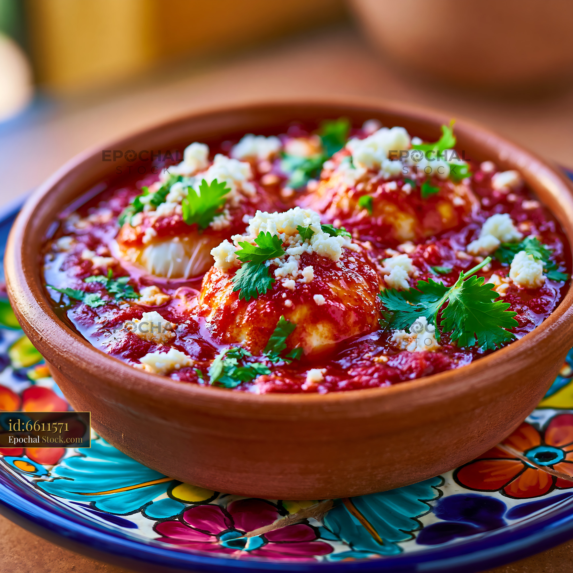 Traditional Mexican huevos ahogados egg food in rustic clay bowl - stock photo