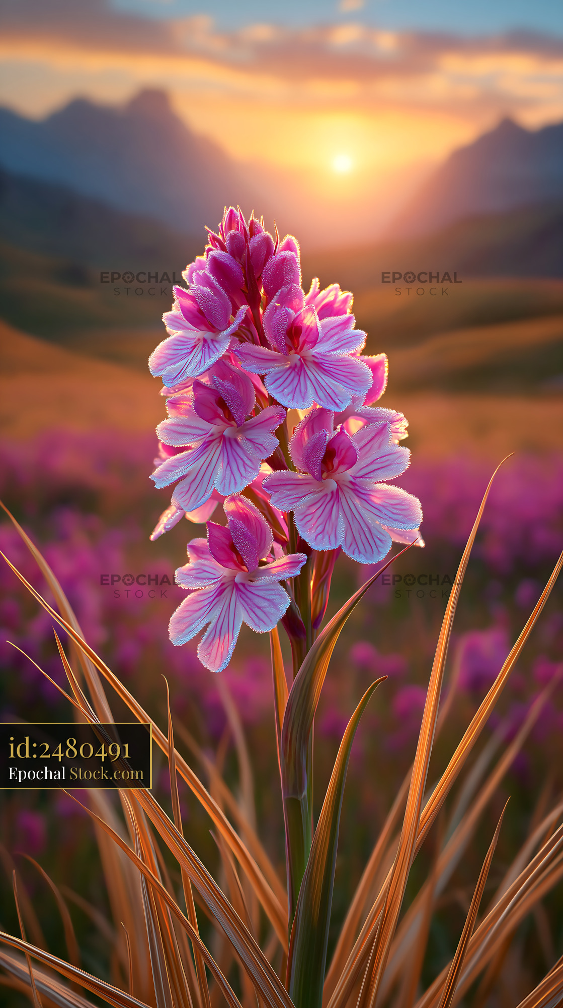 Pink wildflower blooming in mountain meadow during golden hour - stock photo