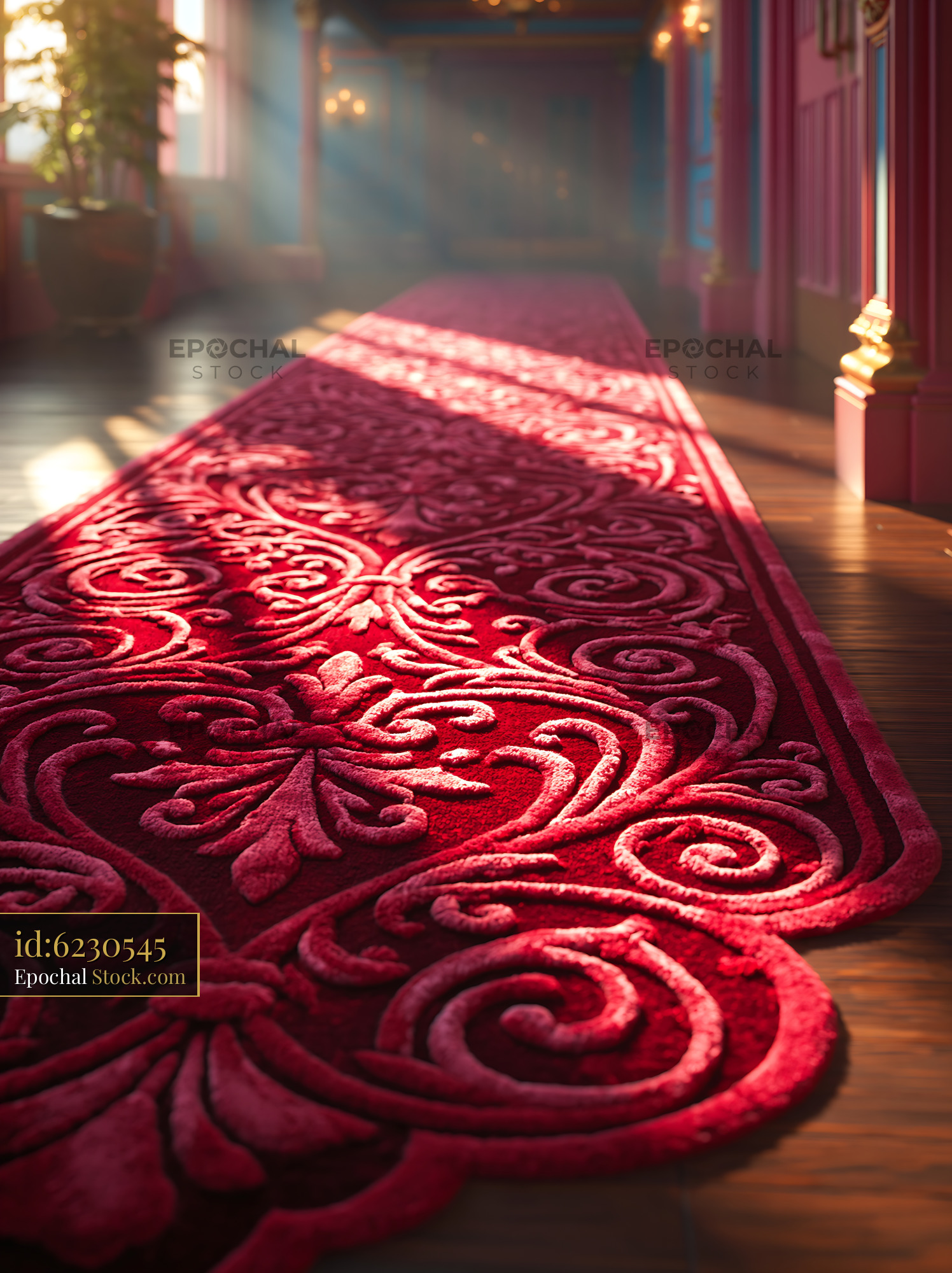 Ornate red carpet runner in a grand hotel hallway with sunbeams - stock photo