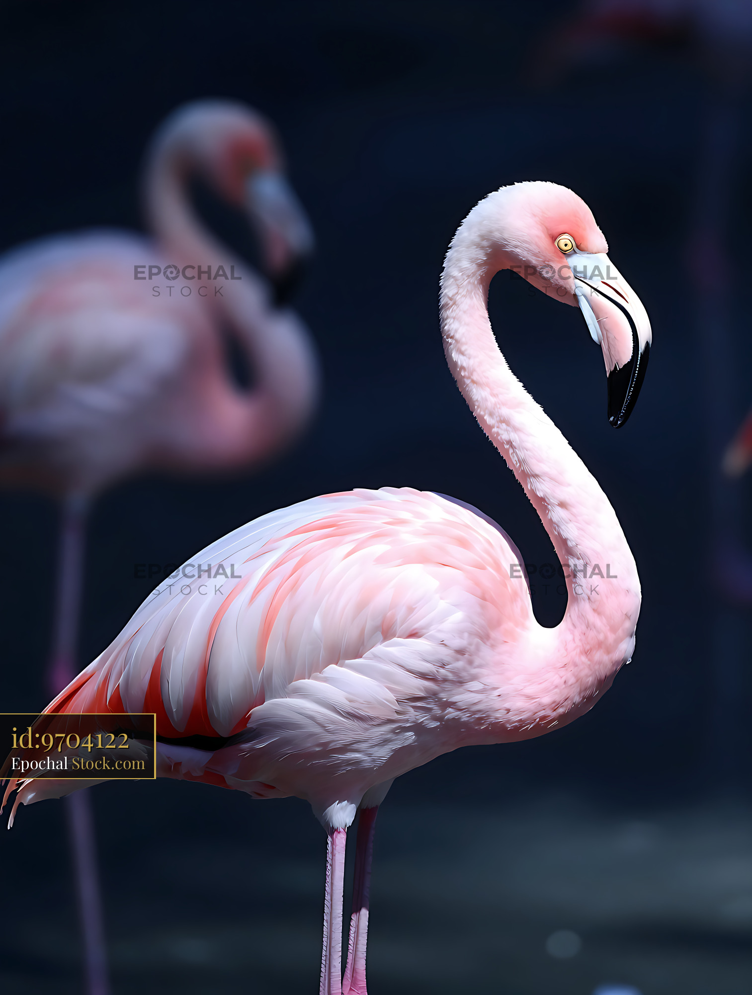 Greater flamingo with vibrant pink plumage against a dark background - stock photo