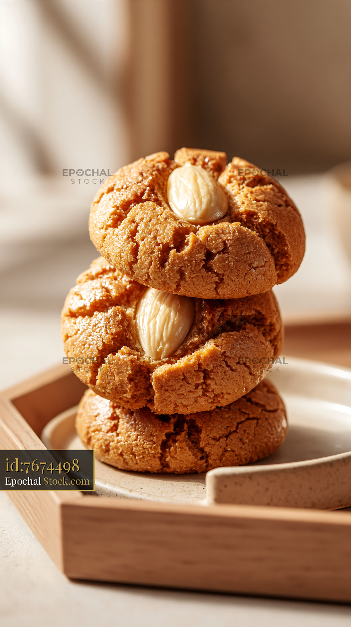 Freshly baked acibadem kurabiyesi almond cookies stacked on a tray - stock photo