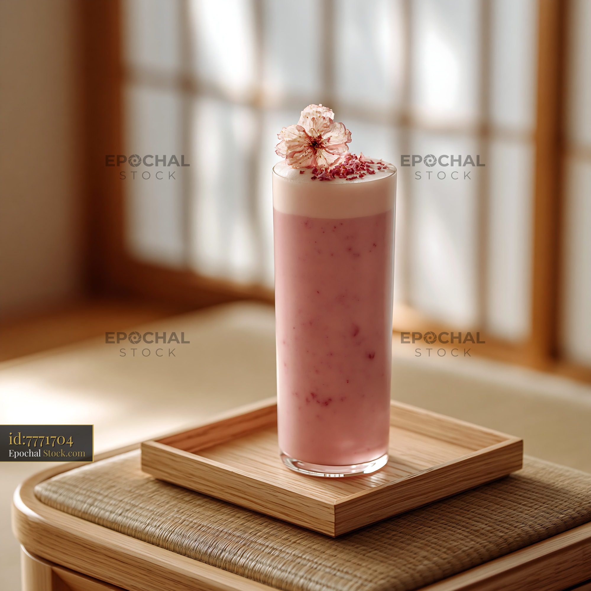 Sakura blossom smoothie with foam and floral garnish on wooden tray - stock photo
