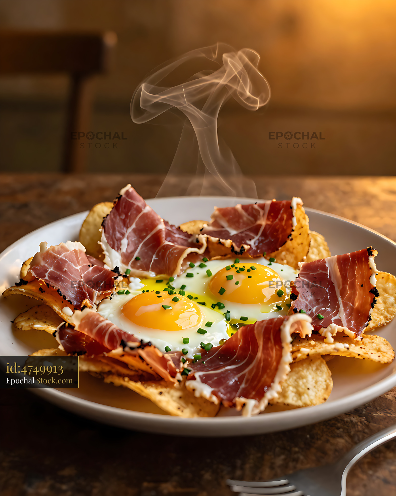 Huevos Rotos con Jamon with steaming eggs and crispy chips - stock photo
