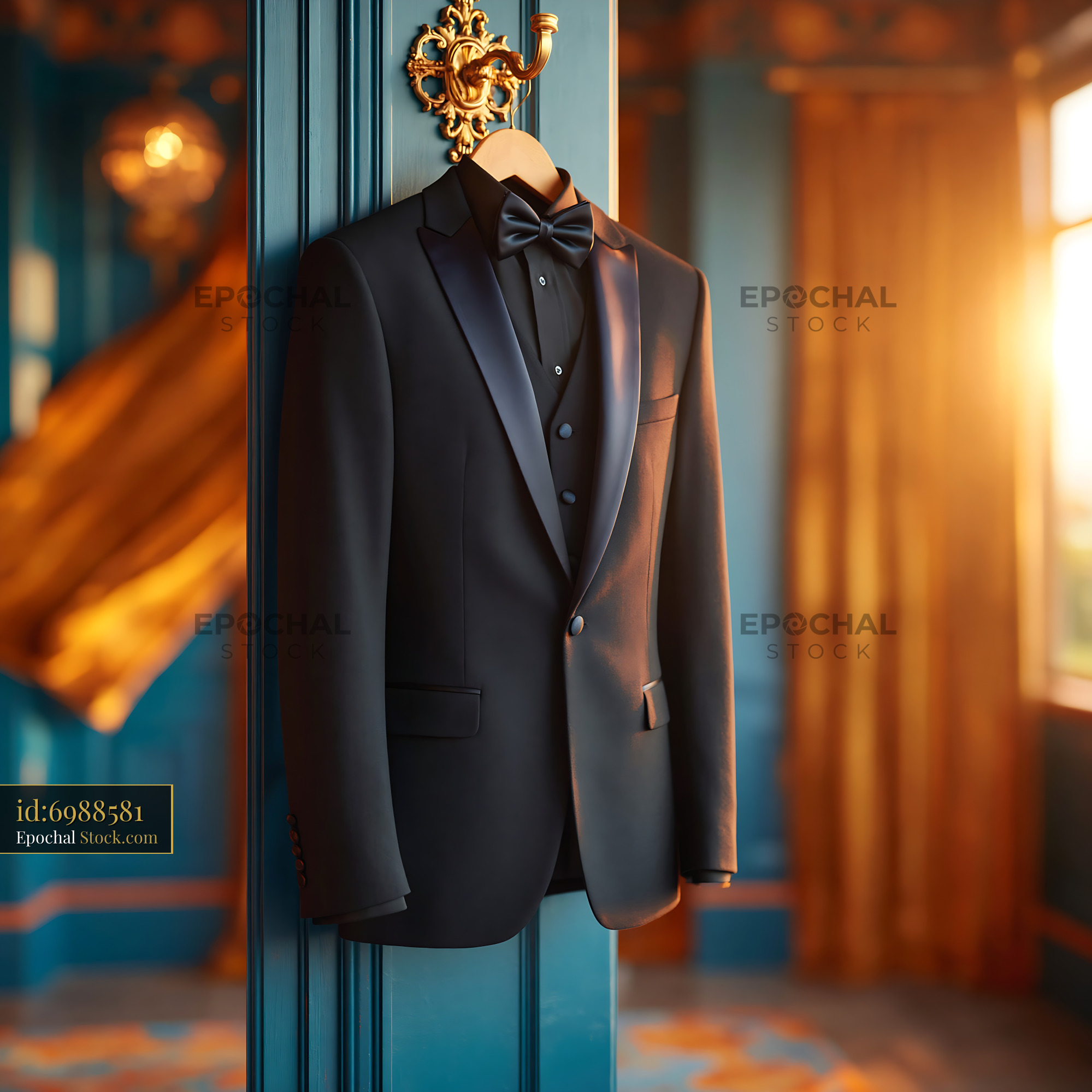 Elegant black tuxedo hanging in a luxury room with golden hour light - stock photo