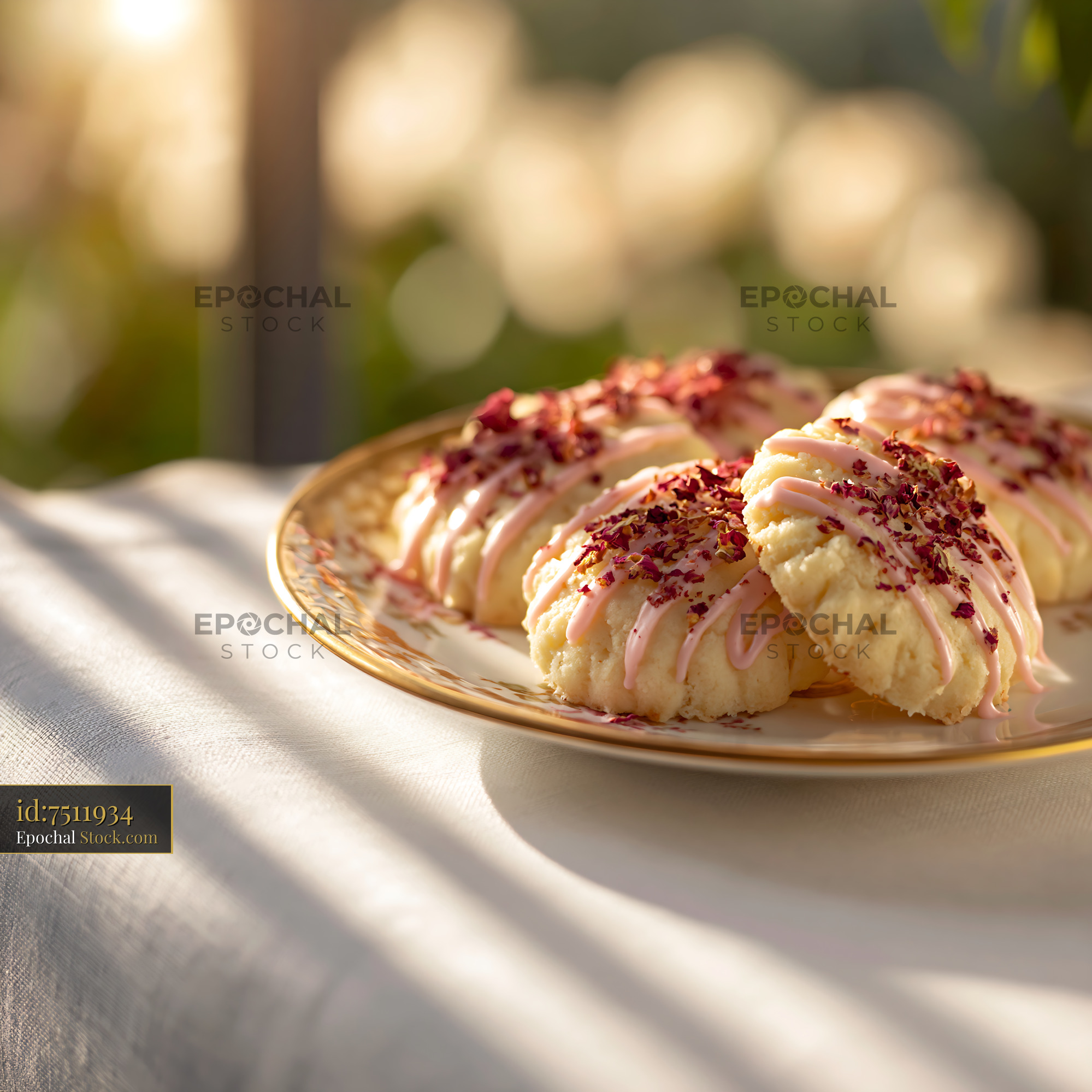 Rose water biscuits with pink icing and dried rose petals on a plate - stock photo