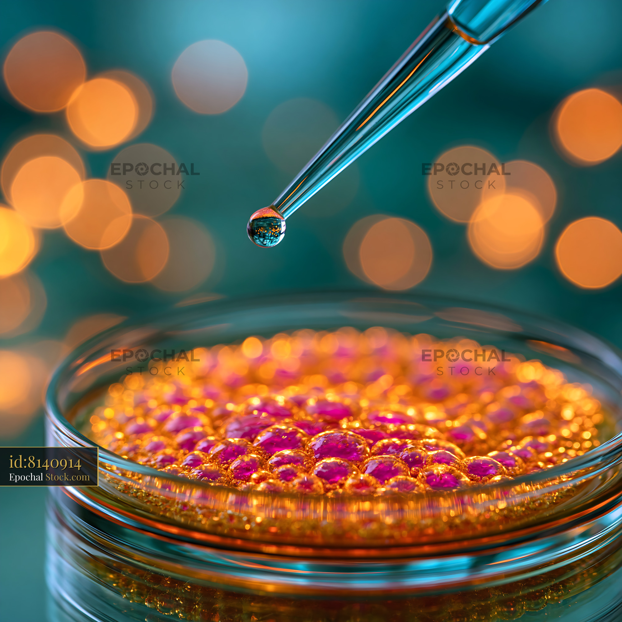 Glass pipette dripping into petri dish for perforated patch clamp reco - stock photo