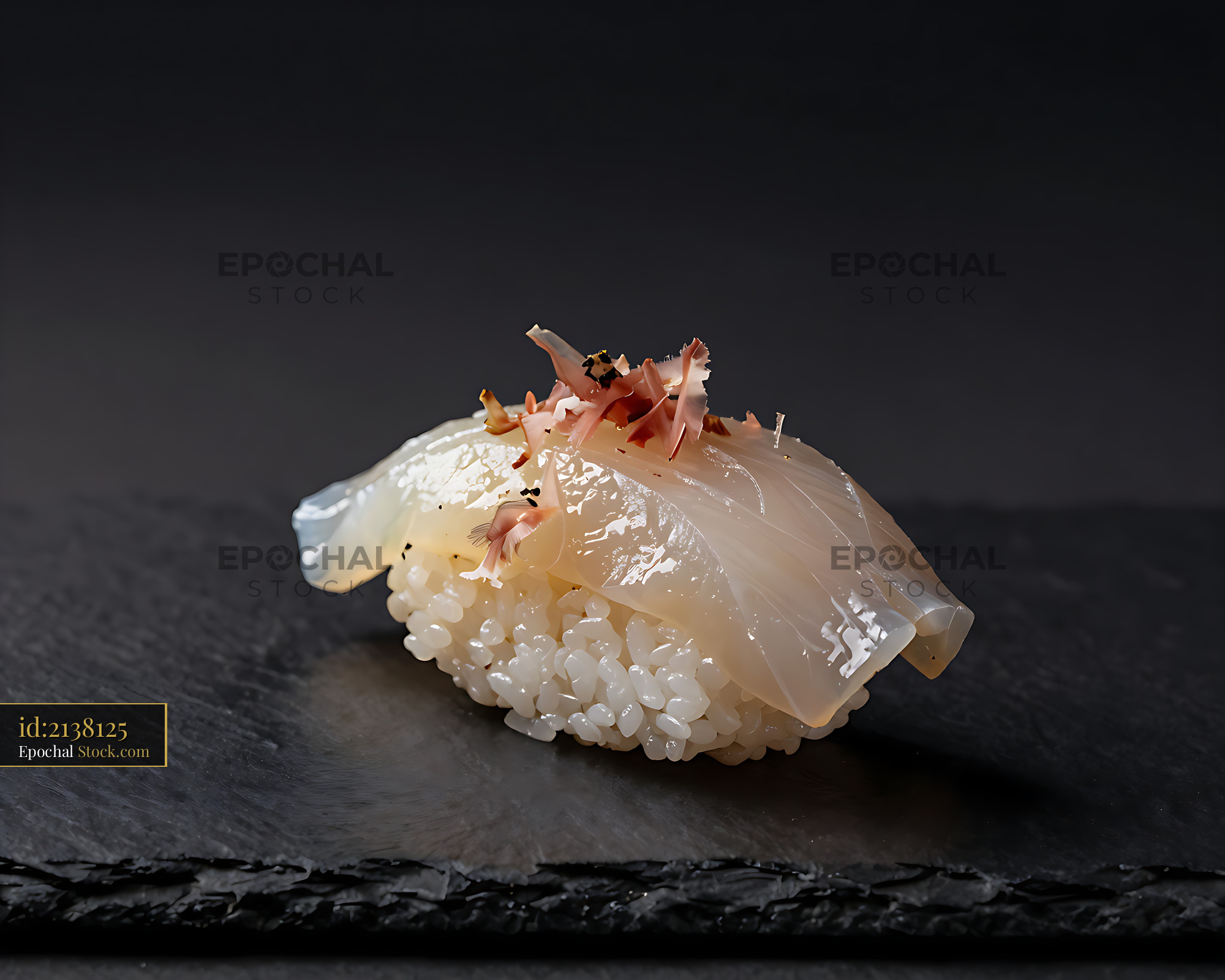 Single piece of traditional funazushi nigiri on a dark slate plate - stock photo
