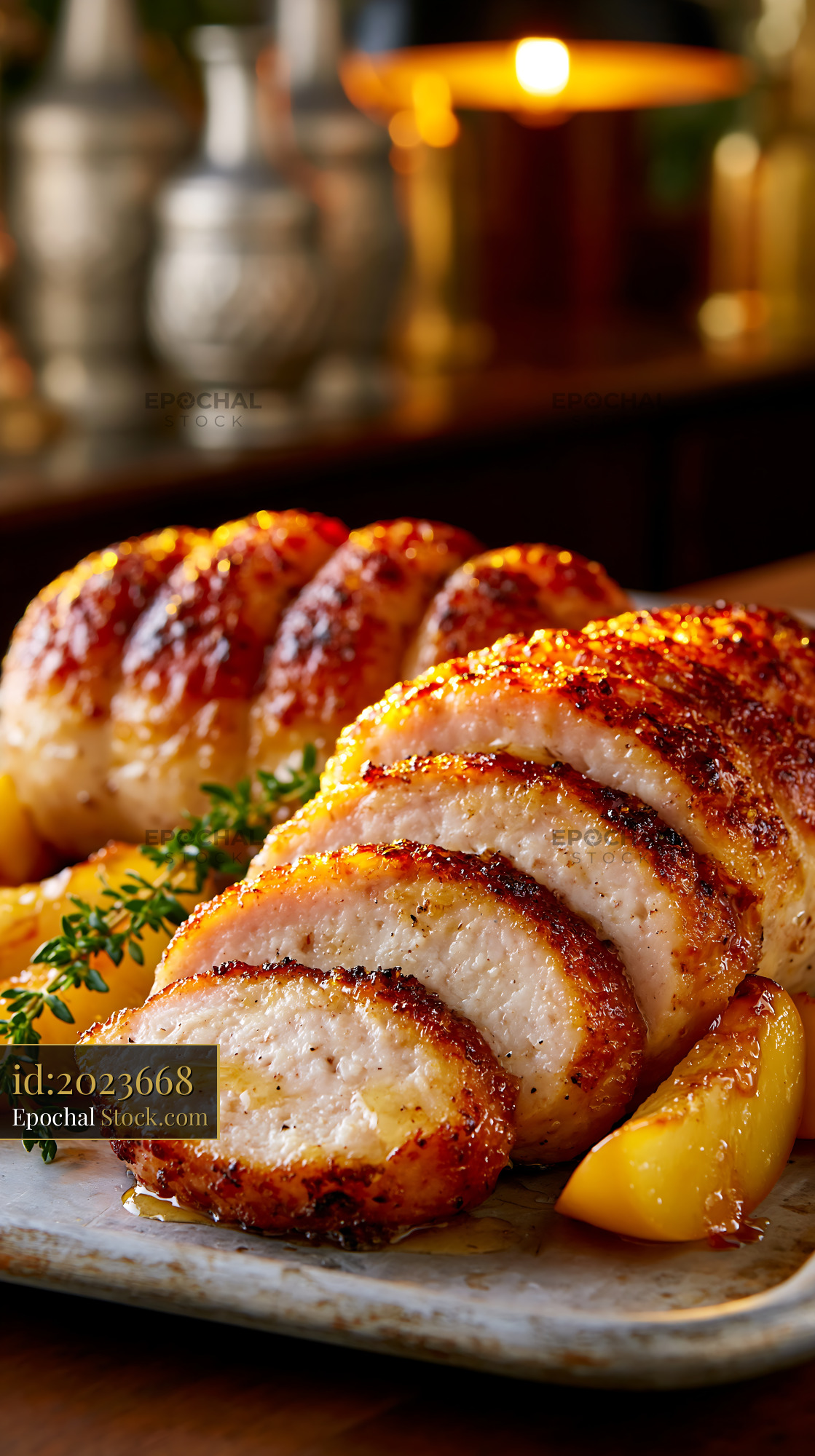 Sliced boudin blanc meat with glazed apples and fresh thyme - stock photo