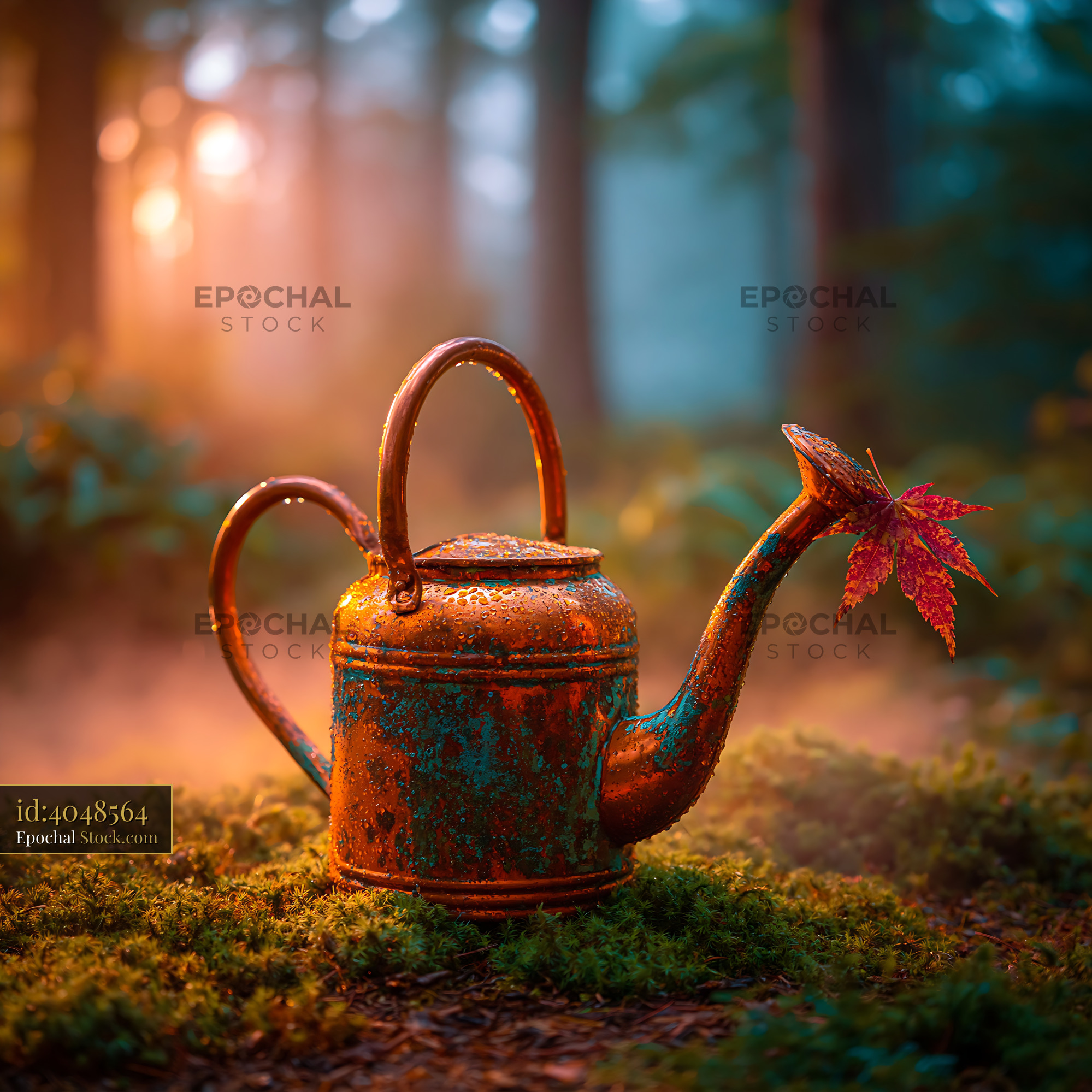 Vintage copper watering can on mossy ground in morning mist