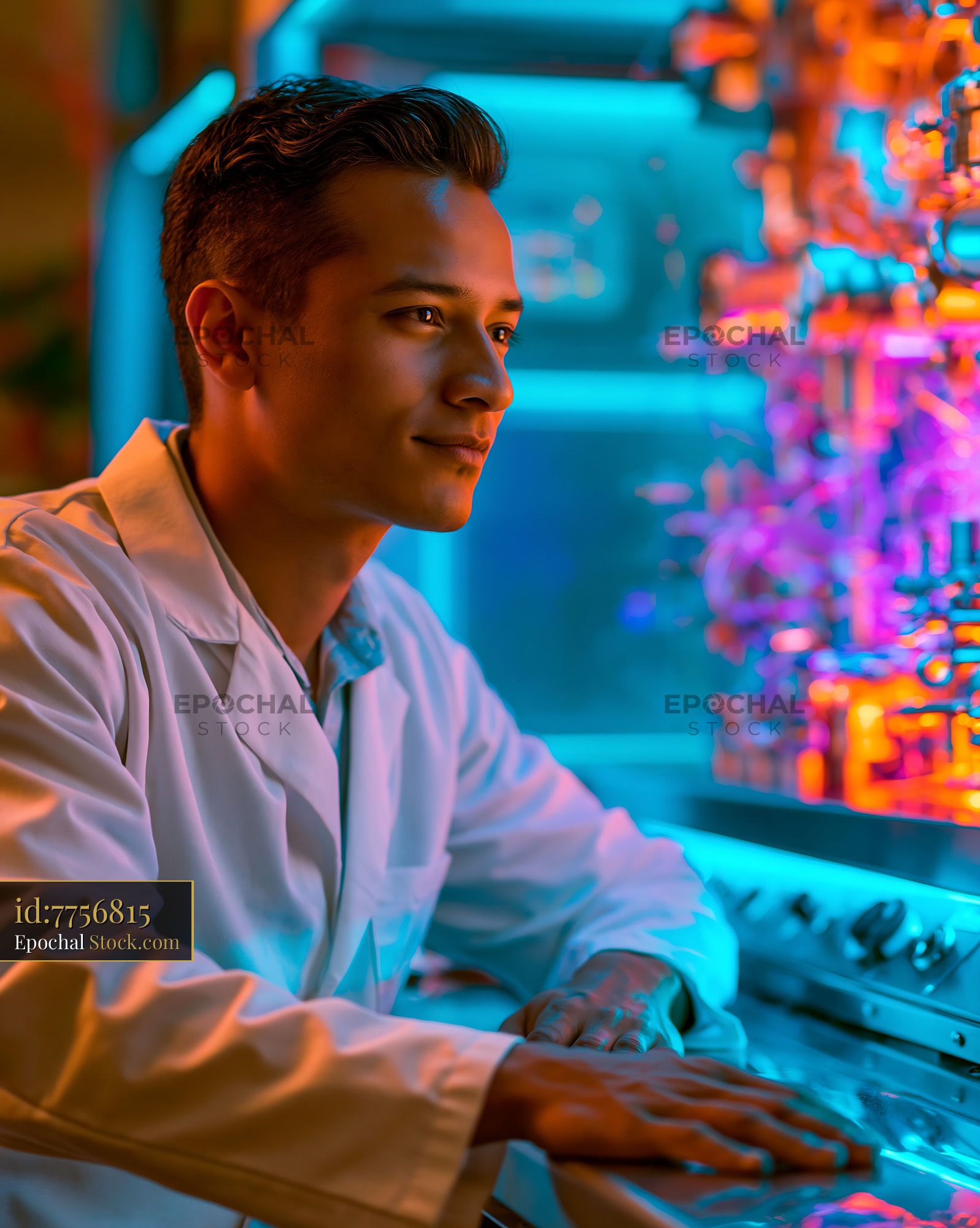Young male scientist using inductively coupled plasma mass cytometry - stock photo