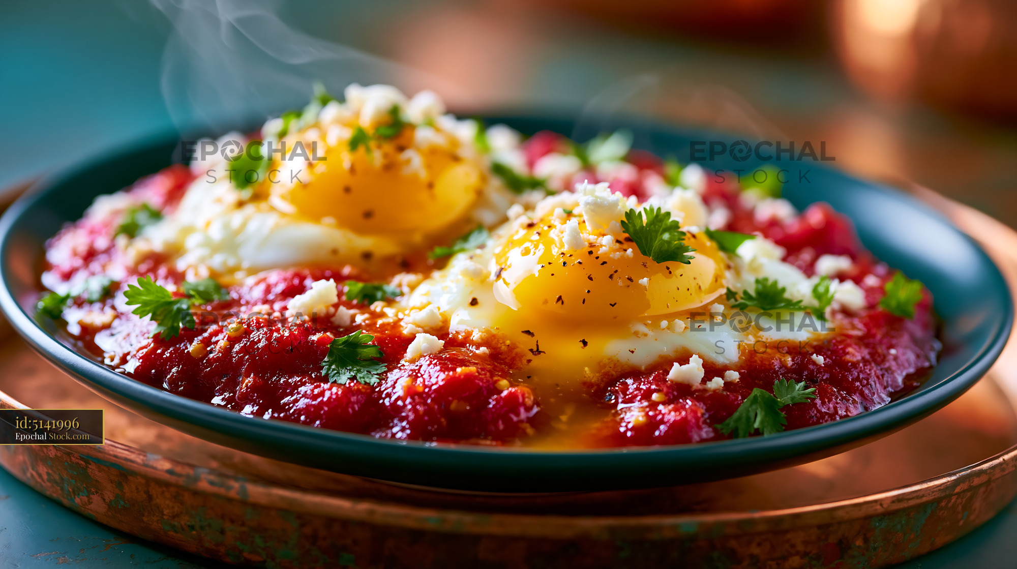 Huevos ahogados with runny yolks and feta in spicy tomato sauce - stock photo