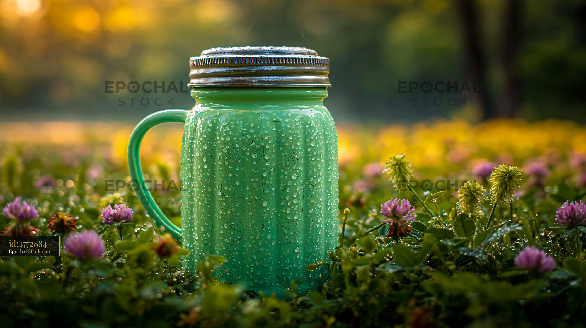 Vintage mint green mug with dew on spring grass at sunrise