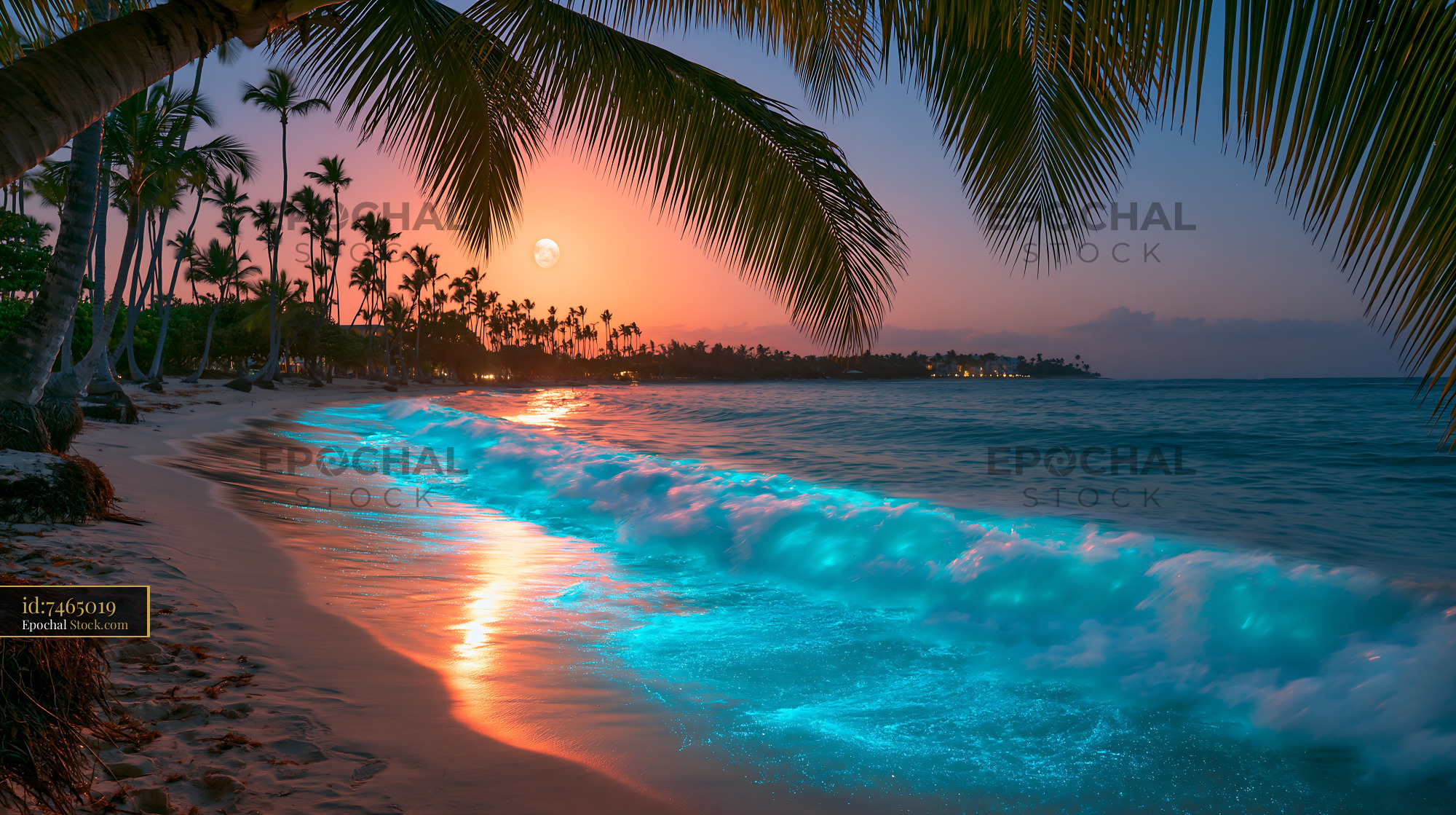 Bioluminescent waves crashing on a tropical beach at sunset - stock photo
