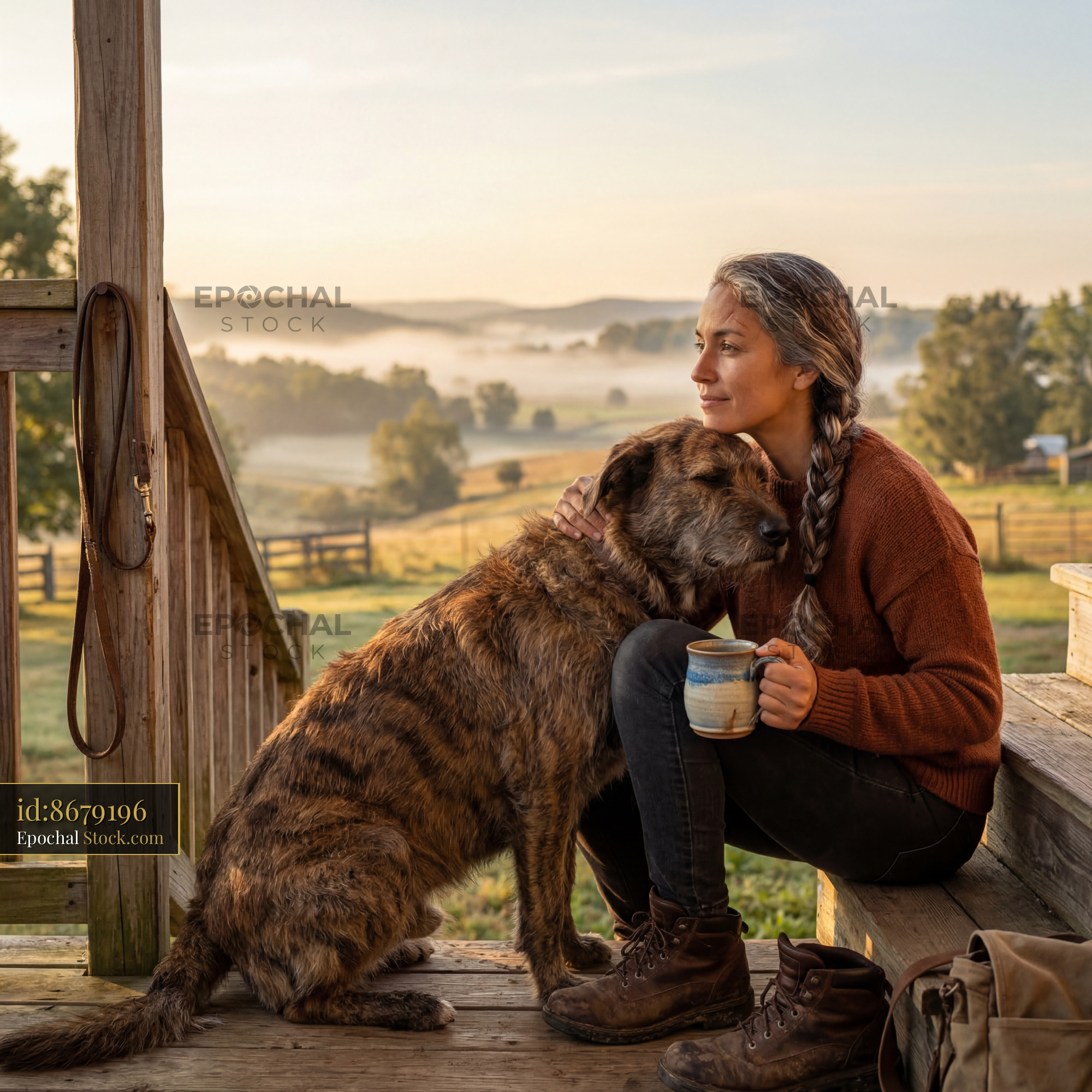 Morning moment on the porch with dog and coffee Premium Stock Image