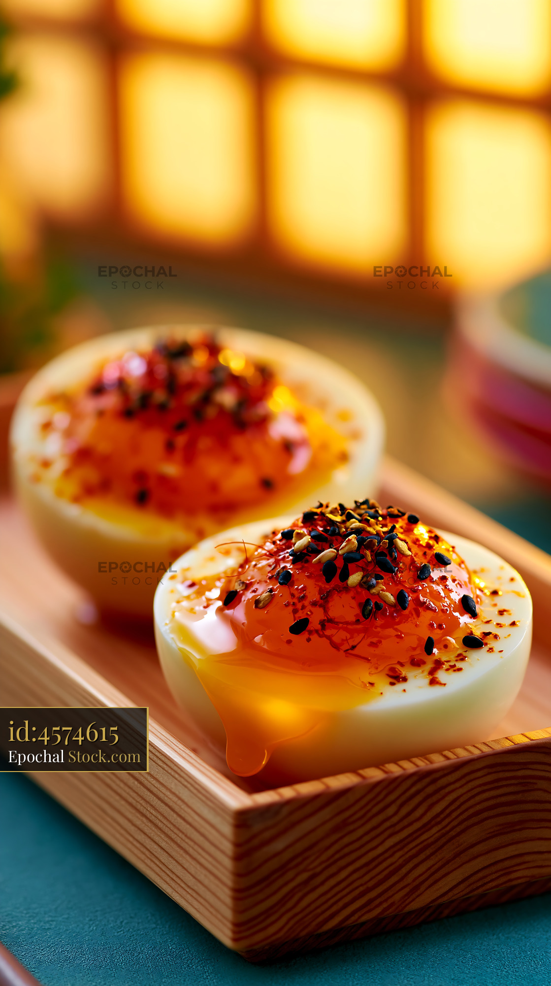 Soft boiled ajitsuke tamago egg food with runny yolk and sesame - stock photo