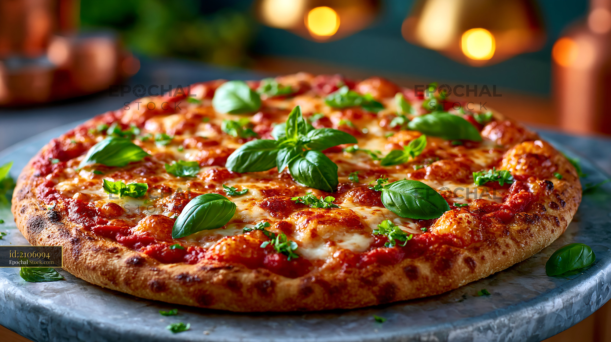 Scamorza affumicata pizza with fresh basil and tomato sauce - stock photo