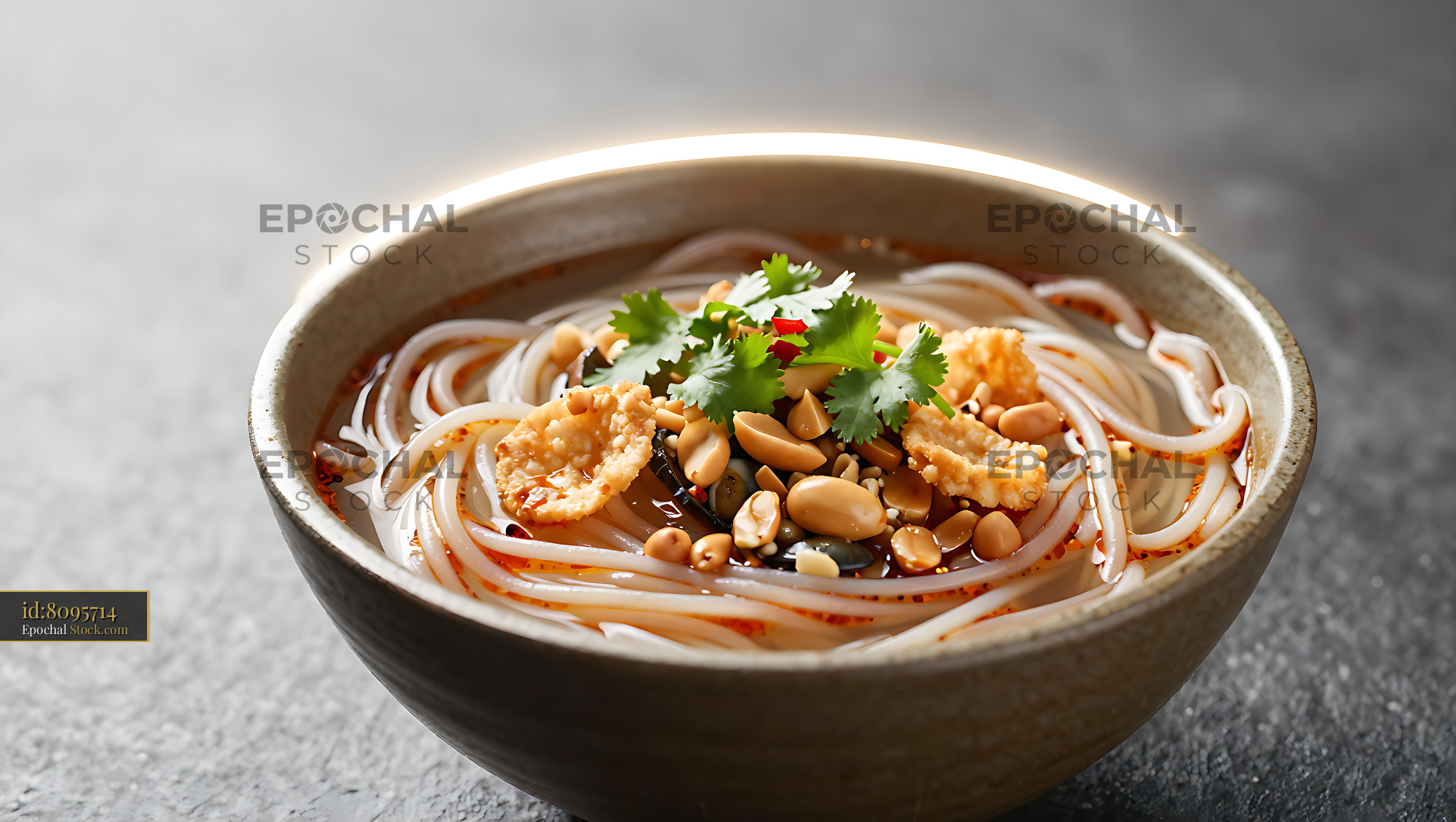 Xiamen Sha Cha Mian noodle soup with peanuts and cilantro - stock photo
