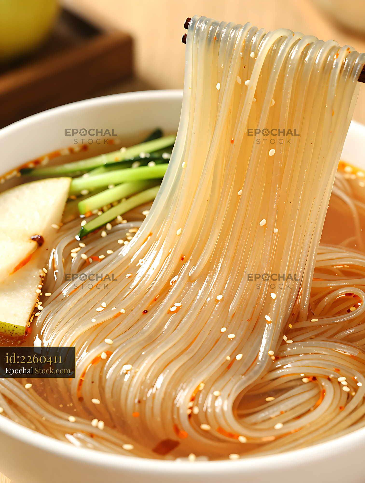 Dongbei Lengmian cold noodles with spicy broth and fresh toppings - stock photo