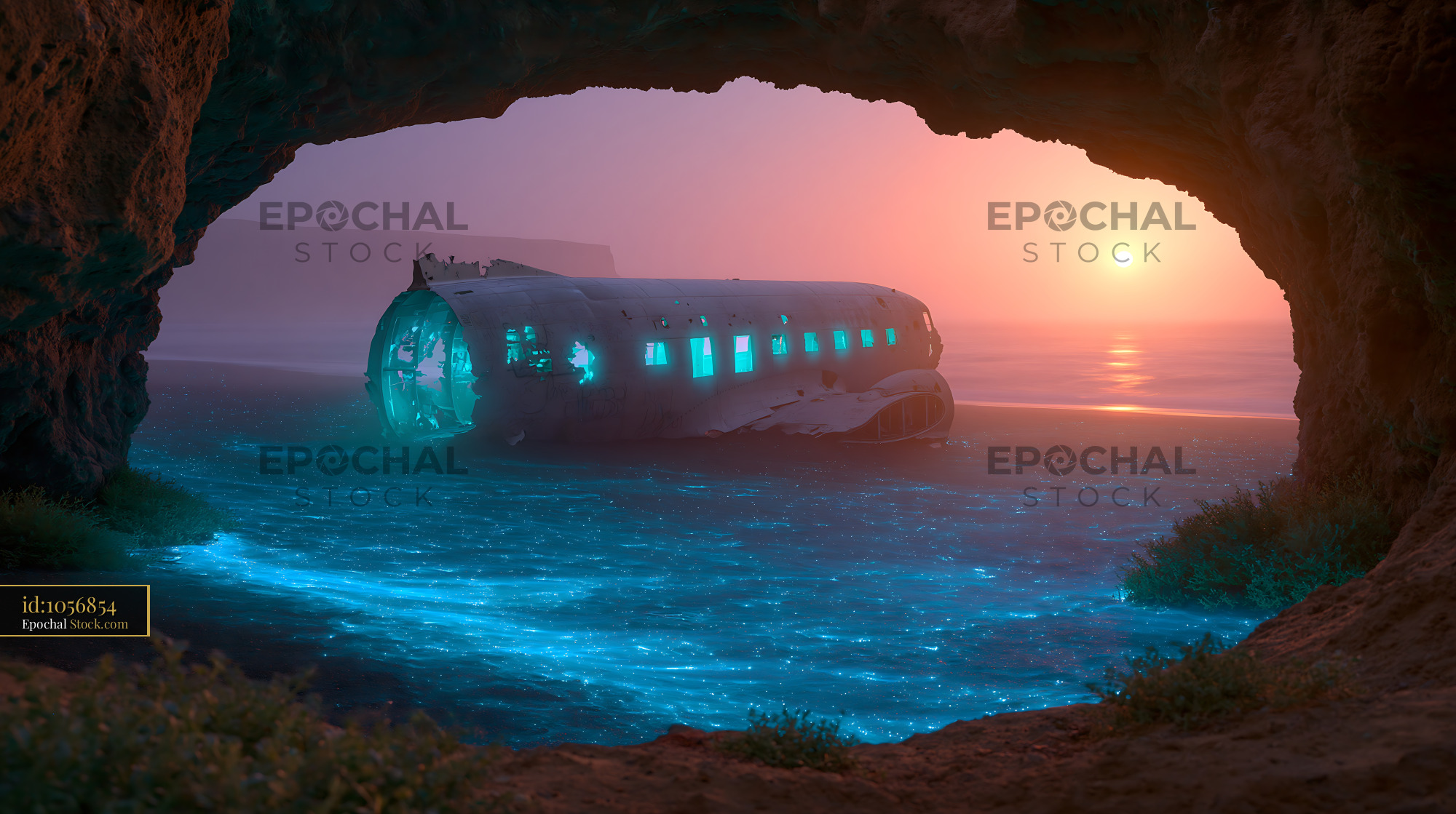 Abandoned airplane wreck on bioluminescent beach at sunset in a cave - stock photo