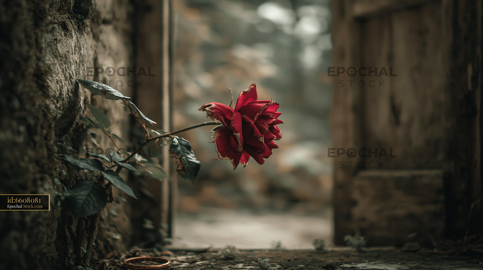Withered red rose against stone wall with forgotten golden ring - stock photo