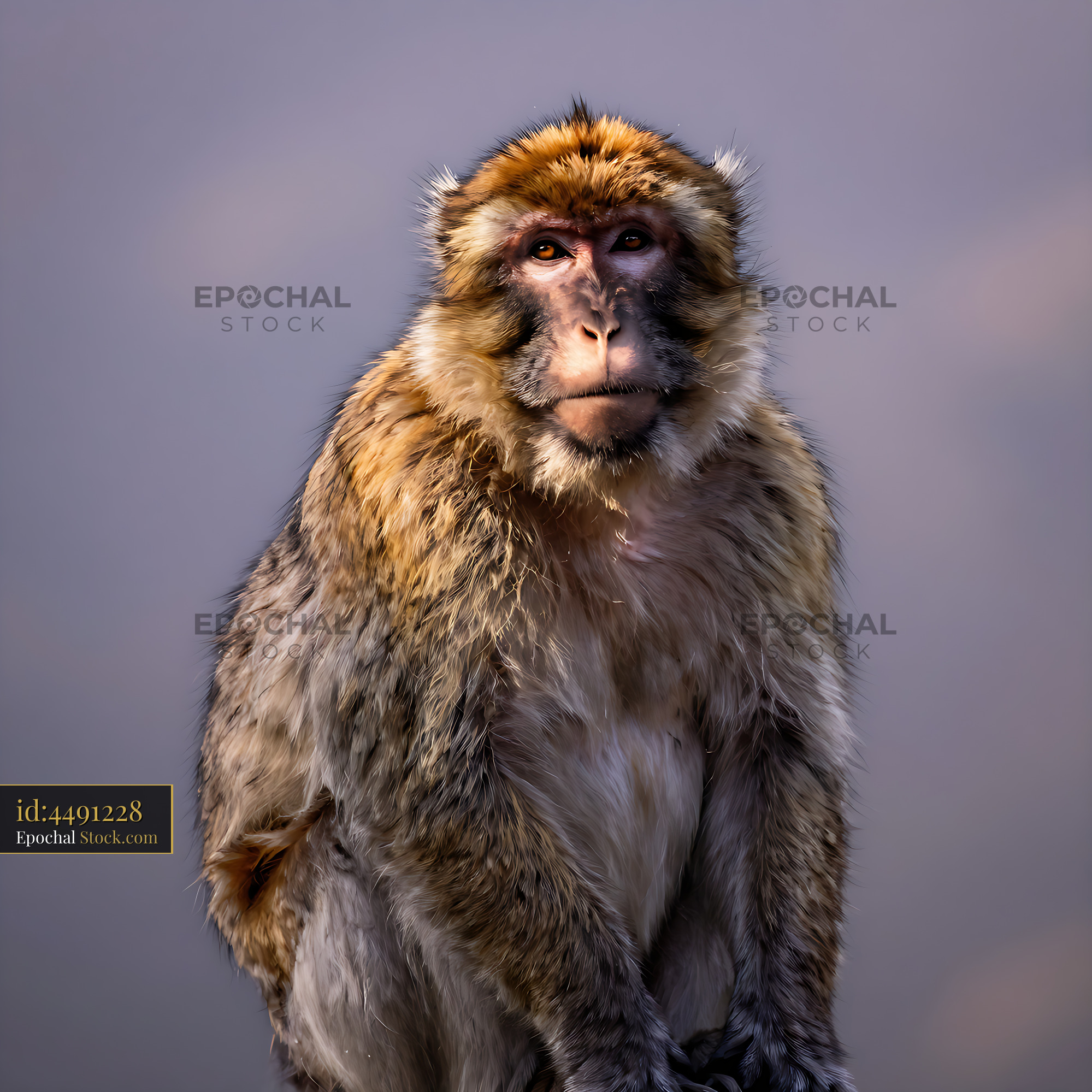 Barbary macaque sitting calmly against a soft blurred background - stock photo