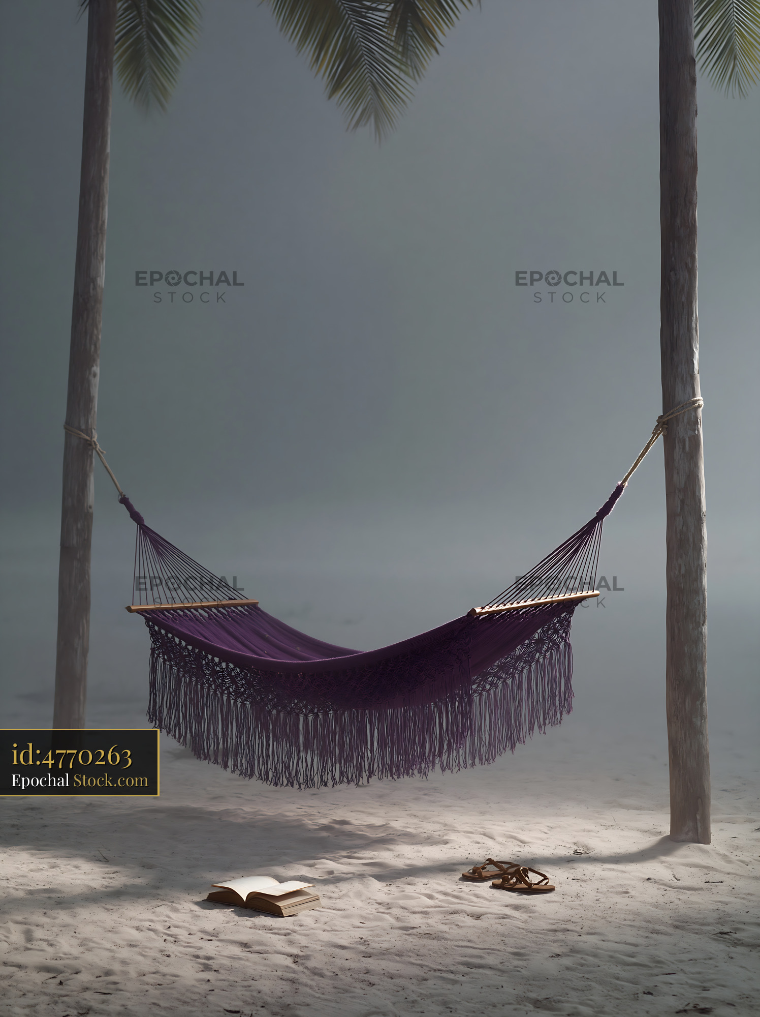 Purple hammock between palm trees on a misty tropical beach - stock photo