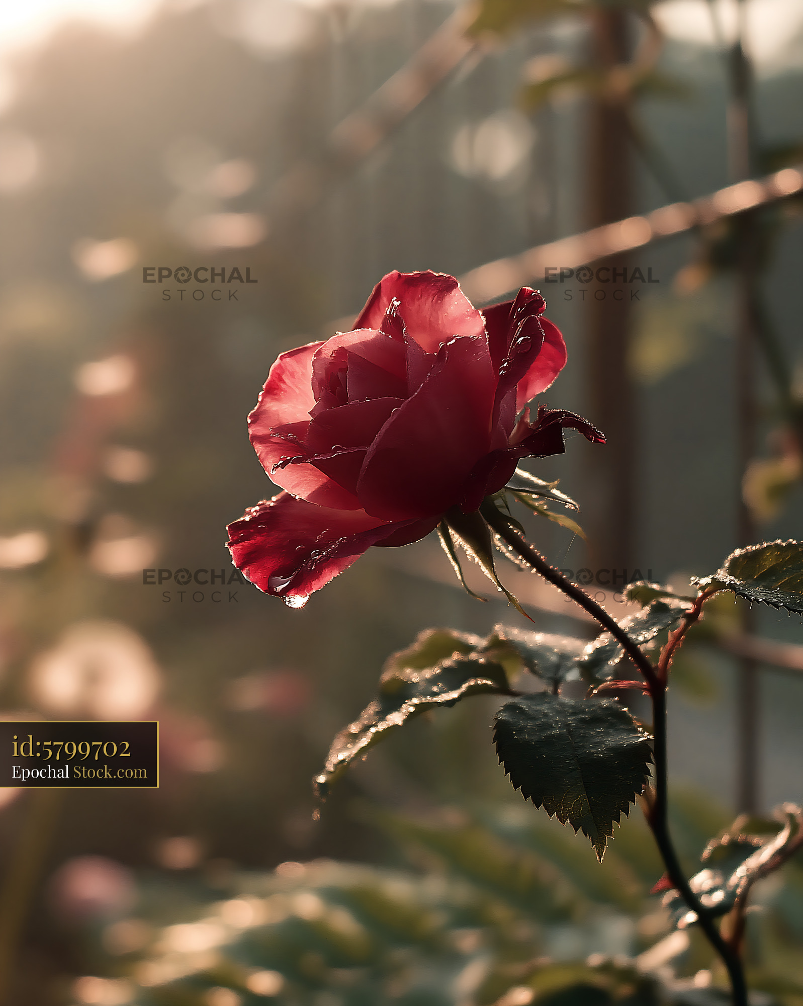 Red rose with morning dew drops in the warm late summer sun - stock photo