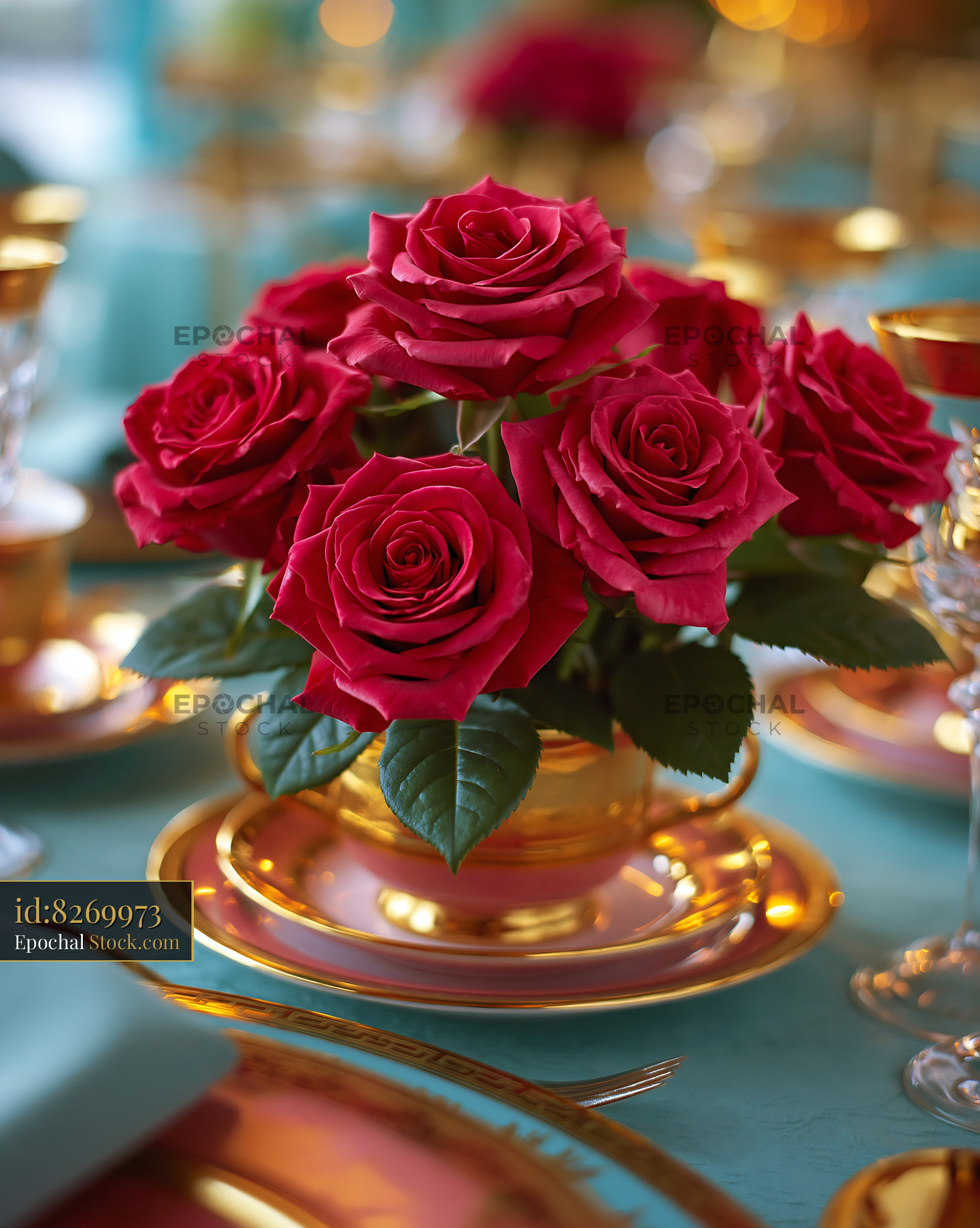 Gala dinner table with red roses in gold centerpiece on teal linen - stock photo