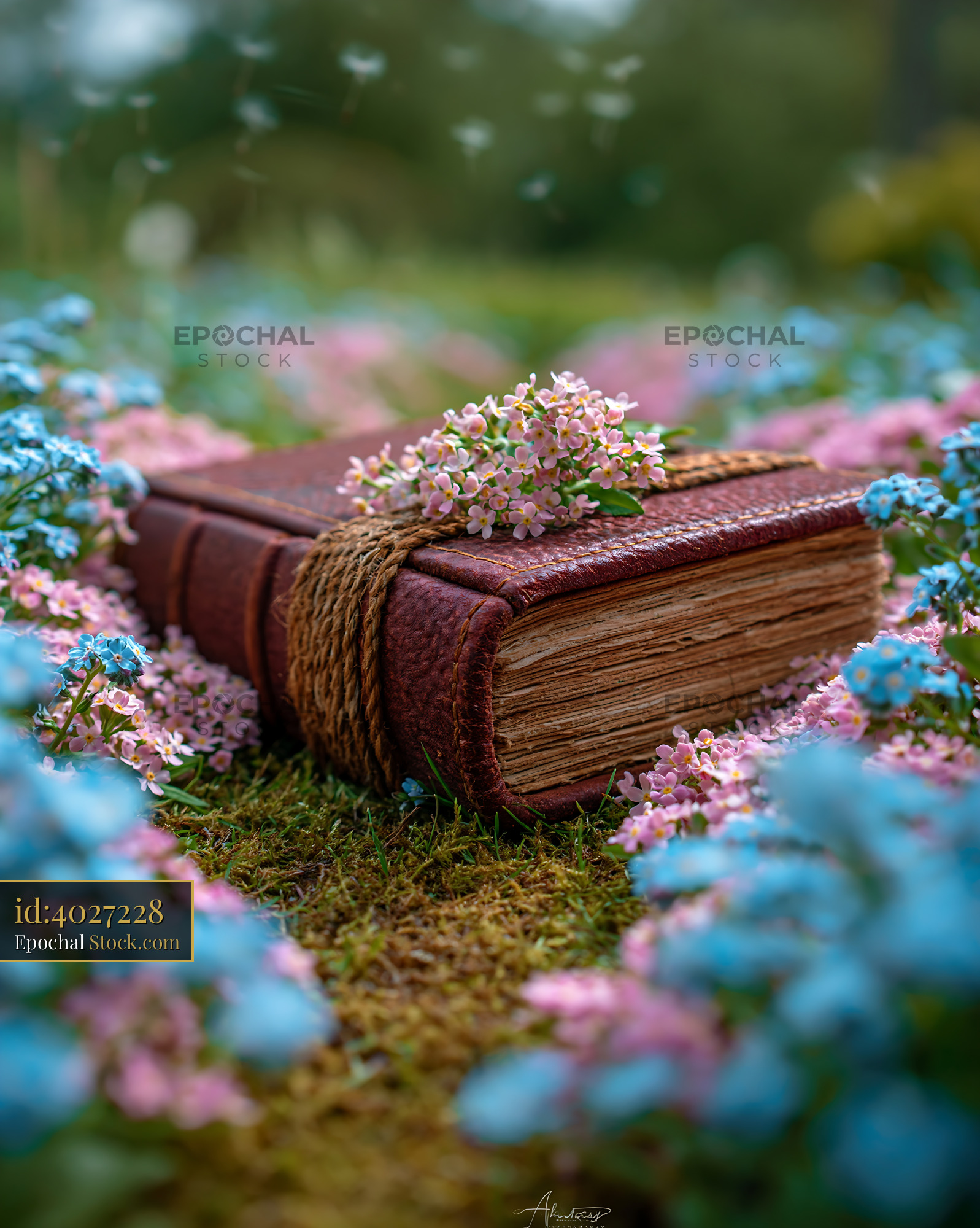 Vintage leather journal lying on a meadow floor surrounded by flowers - stock photo