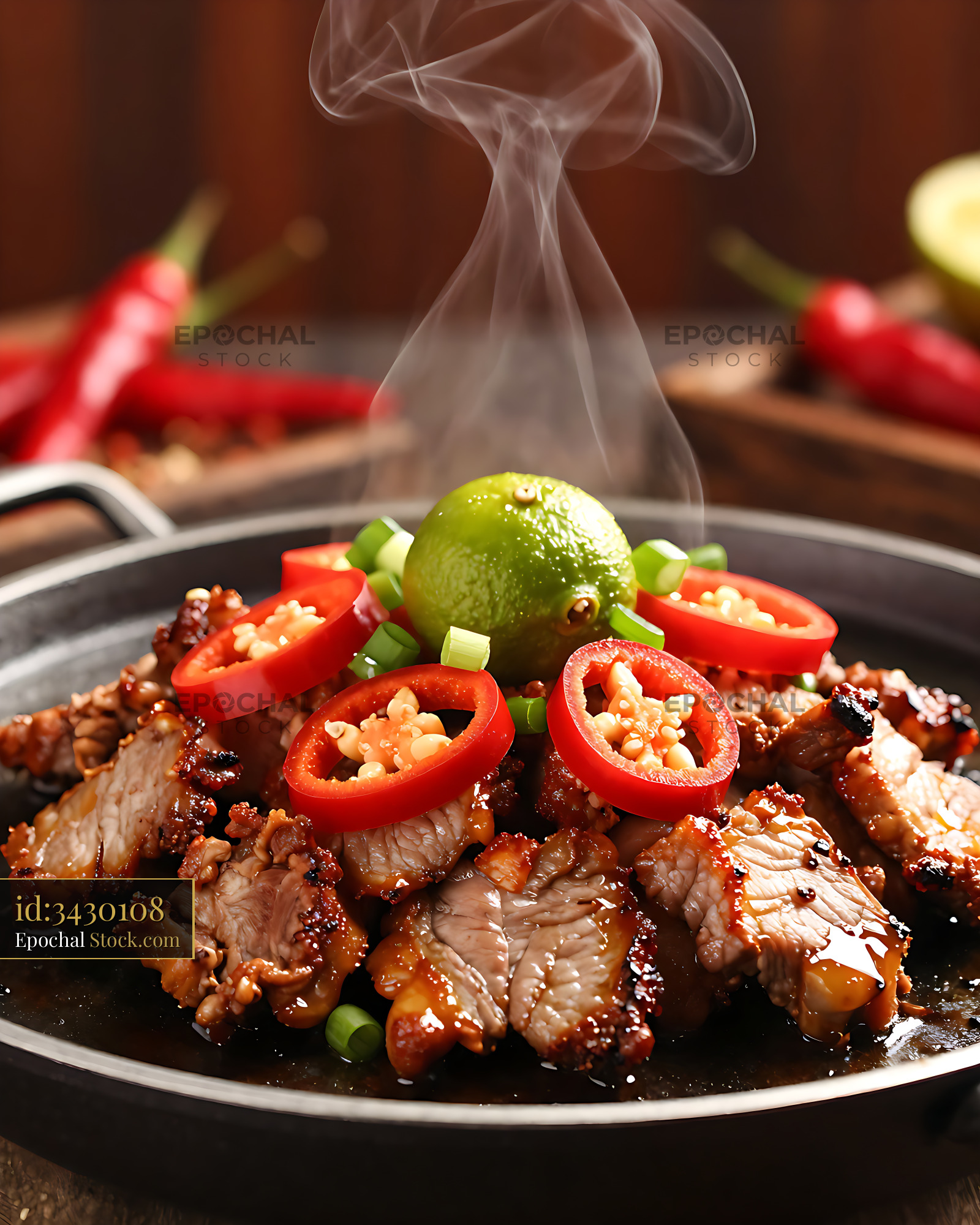 Authentic Pampanga Sisig with chili and calamansi on a sizzling platte - stock photo