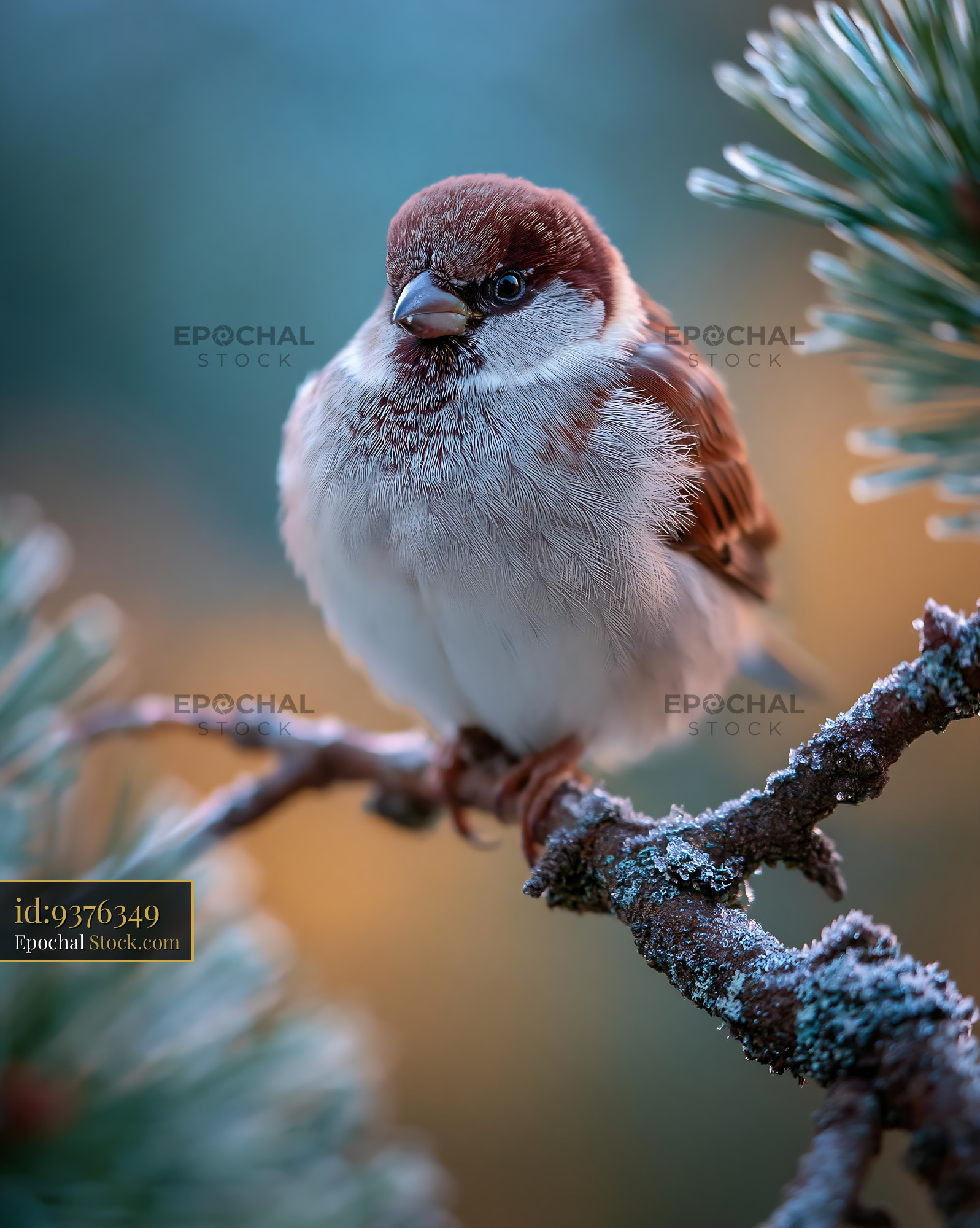 Sparrow huddled on a frost-covered pine branch in winter - stock photo