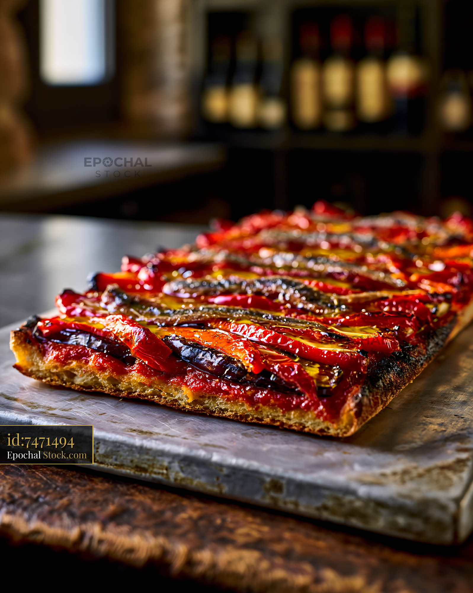 Traditional Catalan coca de recapte pizza with roasted vegetables - stock photo
