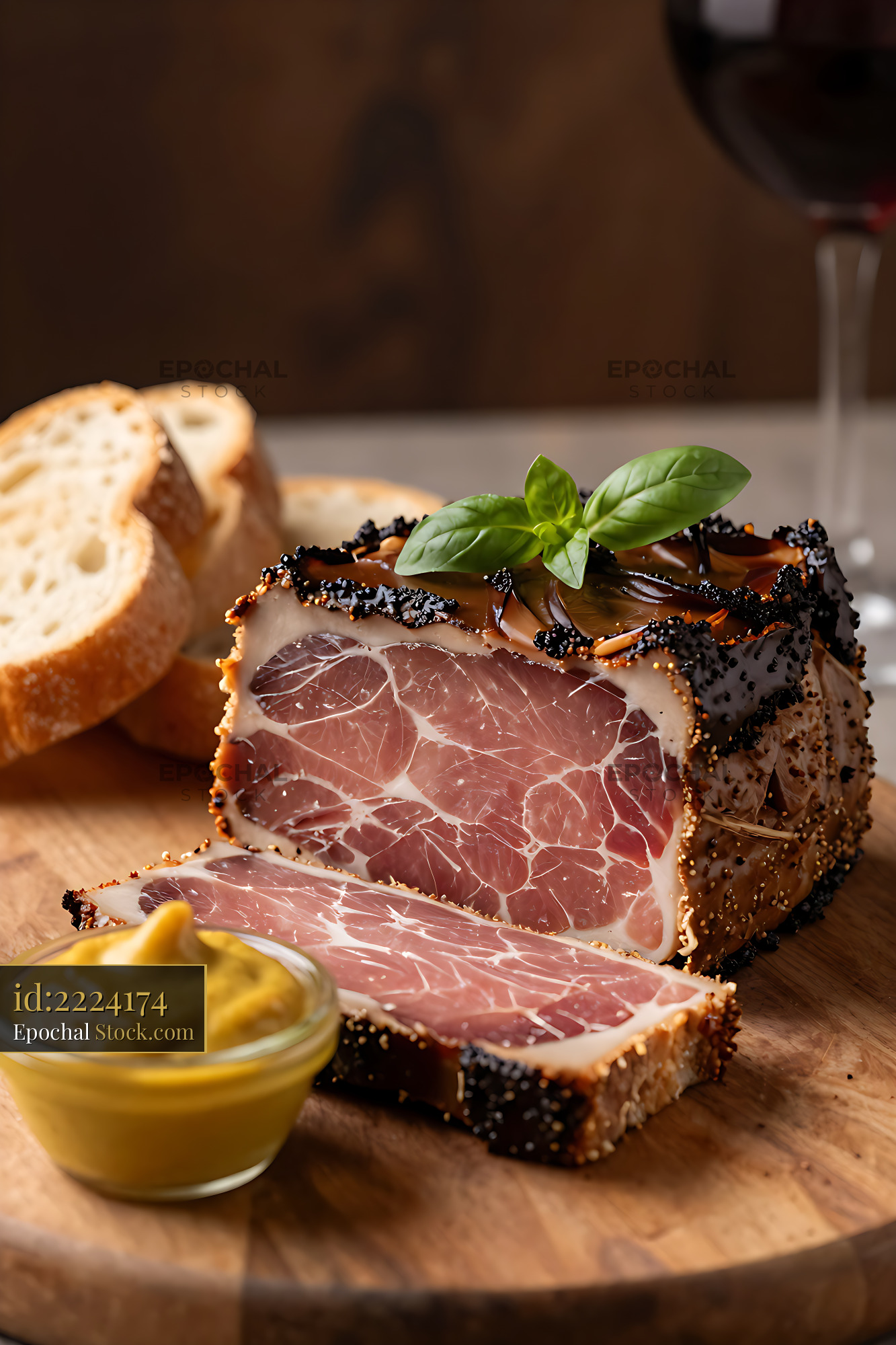 Slices of traditional Jambon Persille de Bourgogne on a wooden board - stock photo