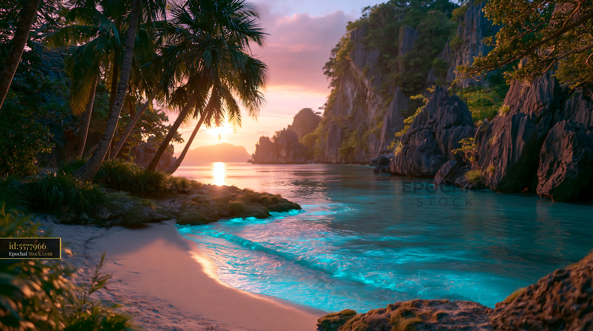 Sunset at el nido hidden white sand cove with palm trees and cliffs - stock photo