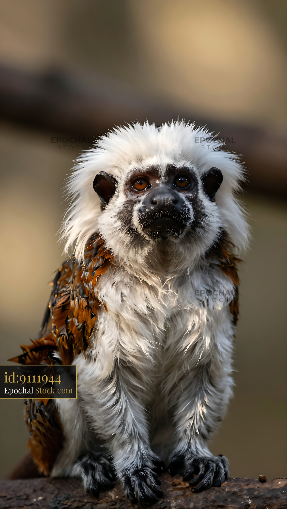 Cotton-top tamarin with iconic white crest sitting on a branch - stock photo