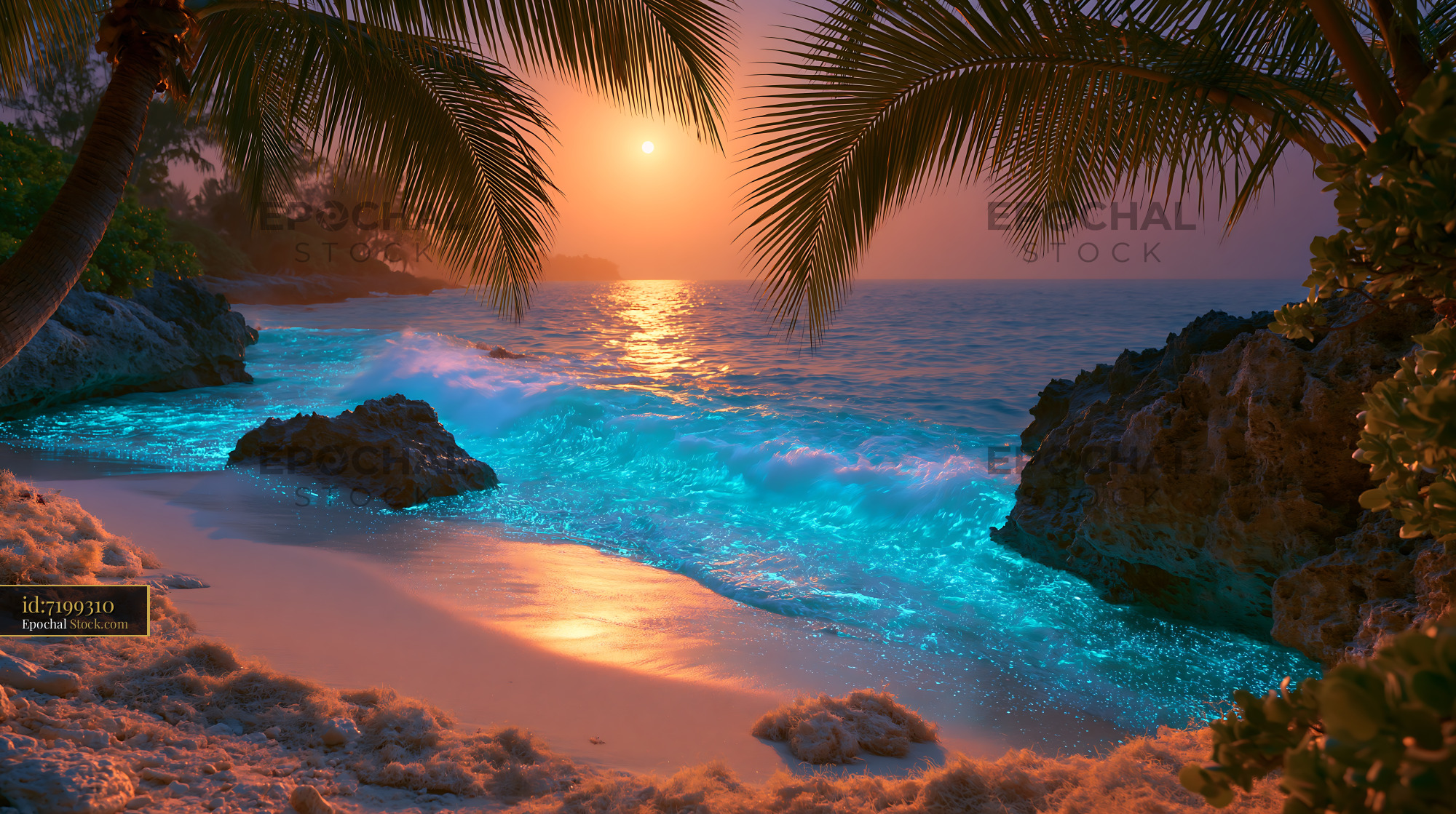 Bioluminescent waves glowing on a remote white sand cove at sunset - stock photo