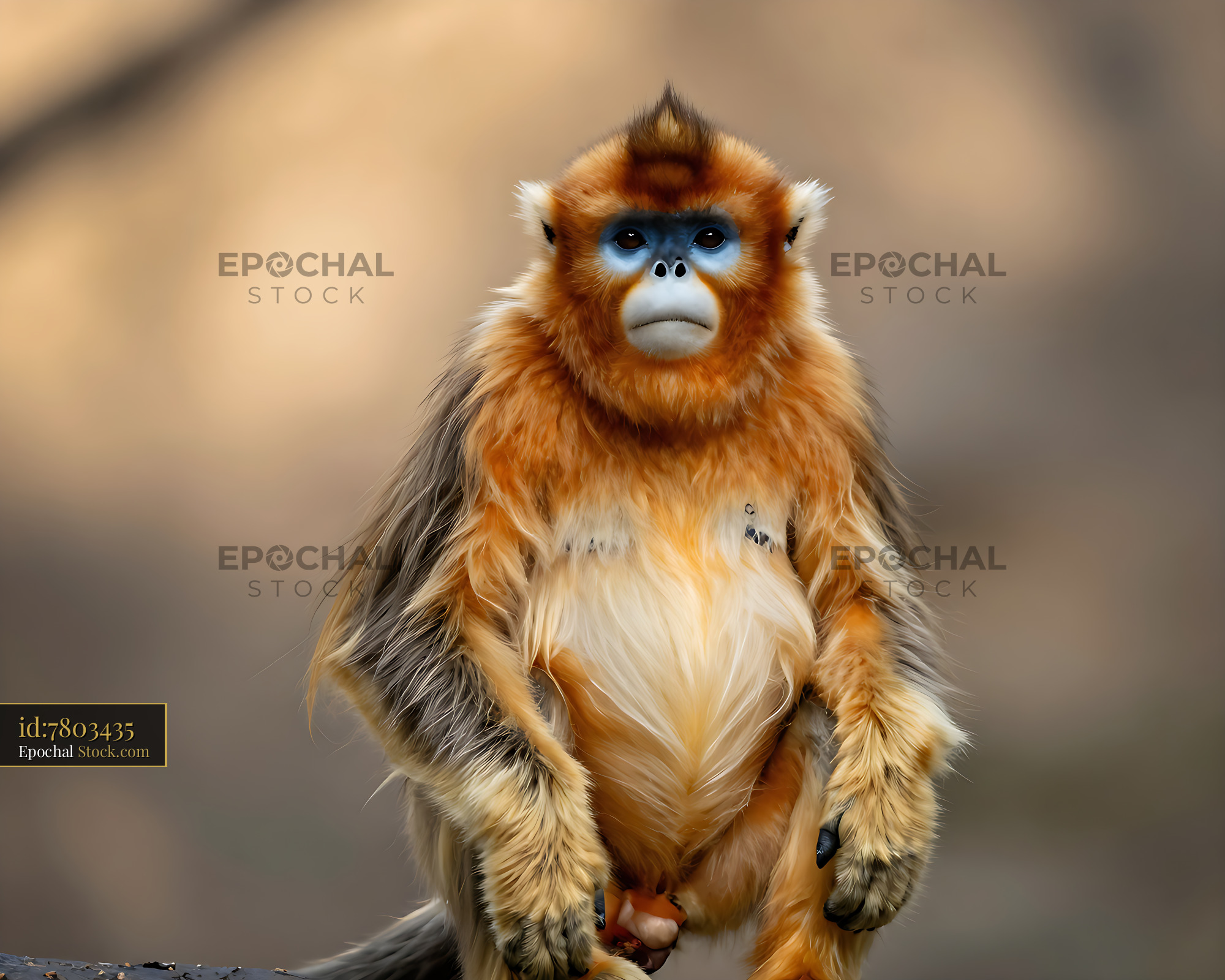Golden snub-nosed monkey sitting with a thoughtful expression - stock photo