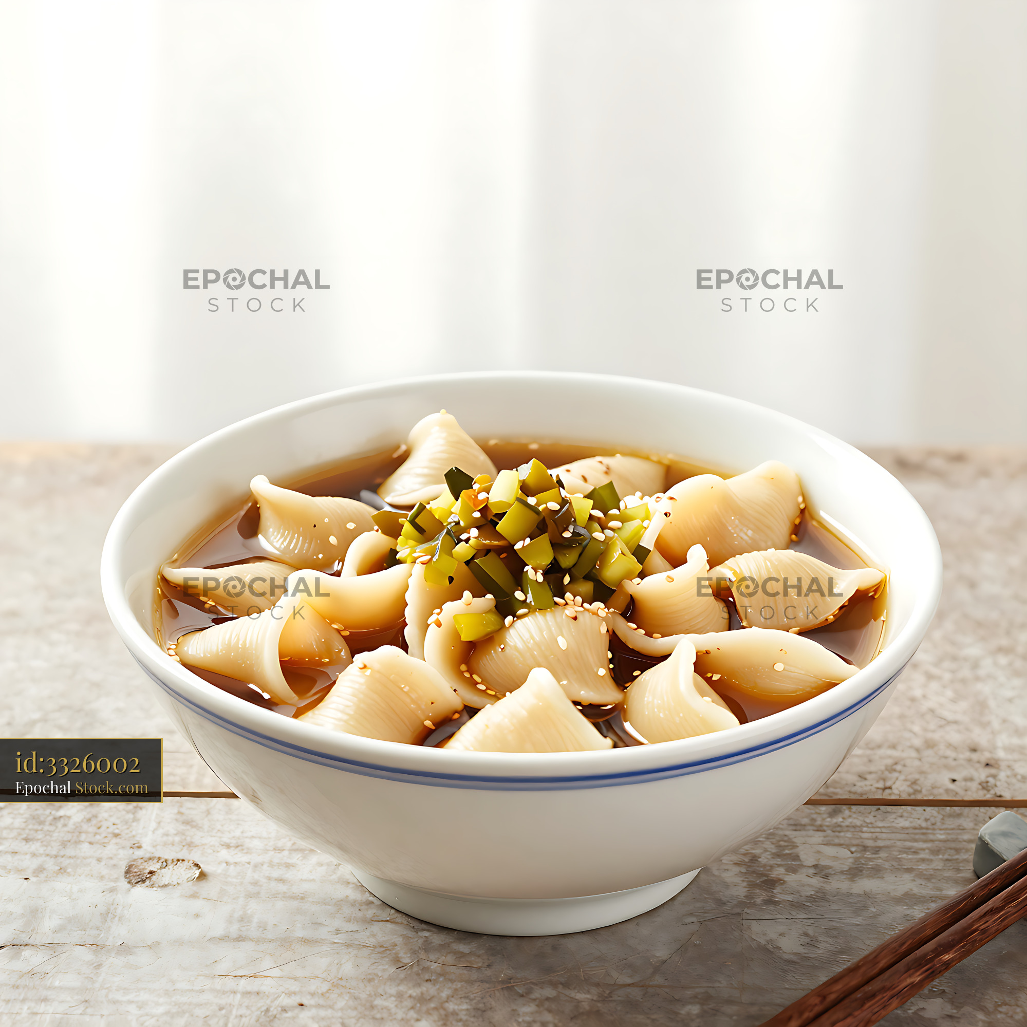 Traditional Shanxi Jiupian Mian noodle soup in a white ceramic bowl - stock photo