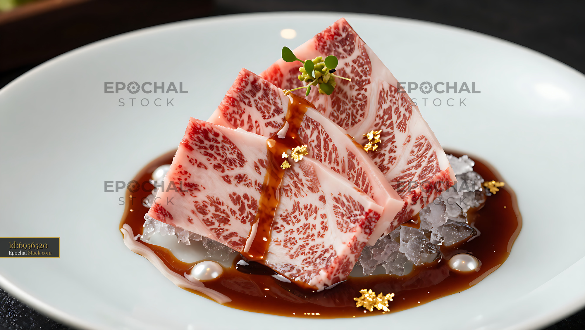 Slices of marbled Wagyu beef sashimi with aged soy and gold leaf - stock photo