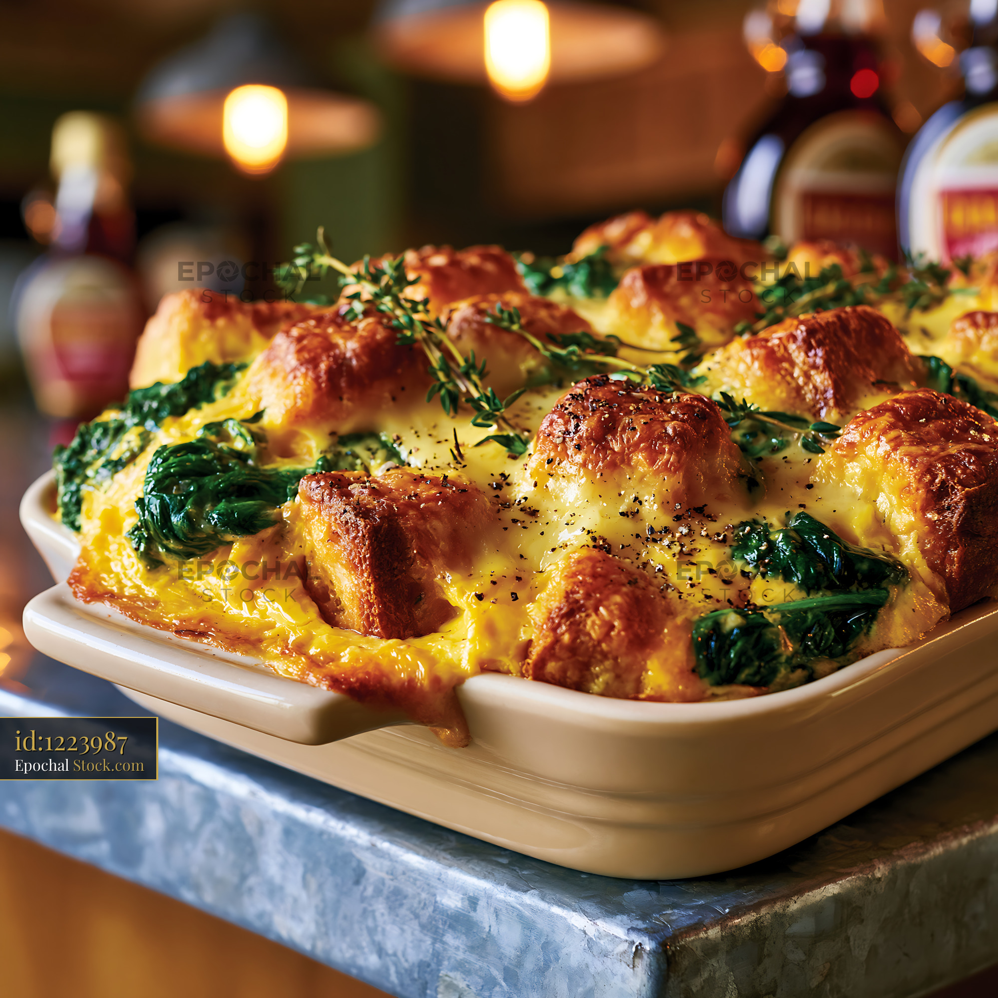 Savory breakfast strata with spinach and melted cheese in a baking dis - stock photo
