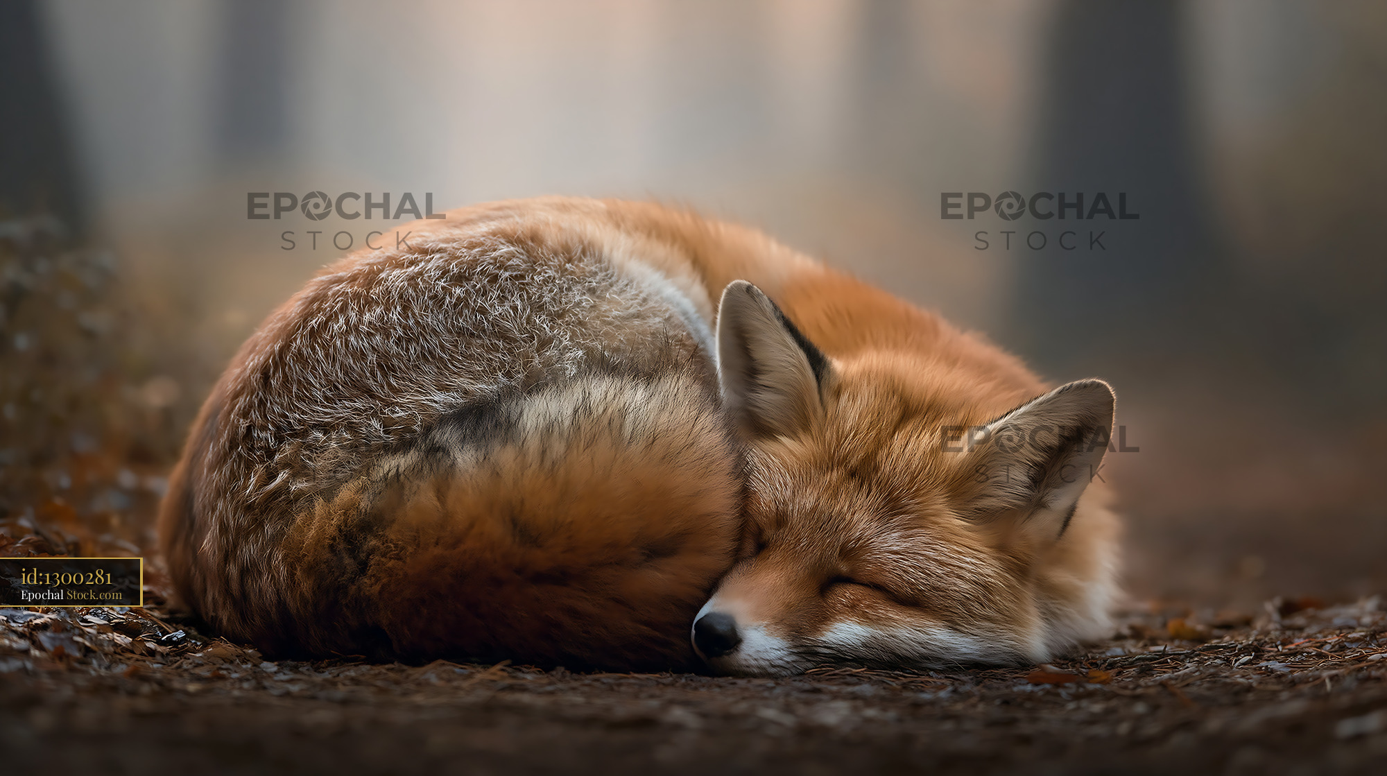 Red fox sleeping curled up on the ground in a misty autumn forest - stock photo