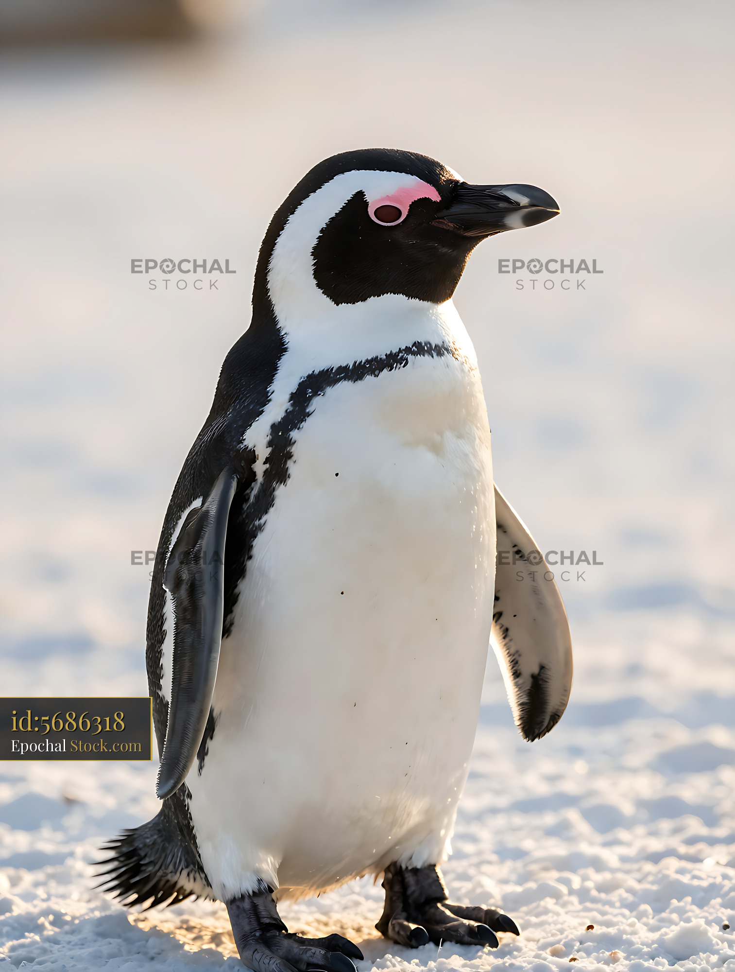 African penguin standing on a sandy beach in soft golden light - stock photo