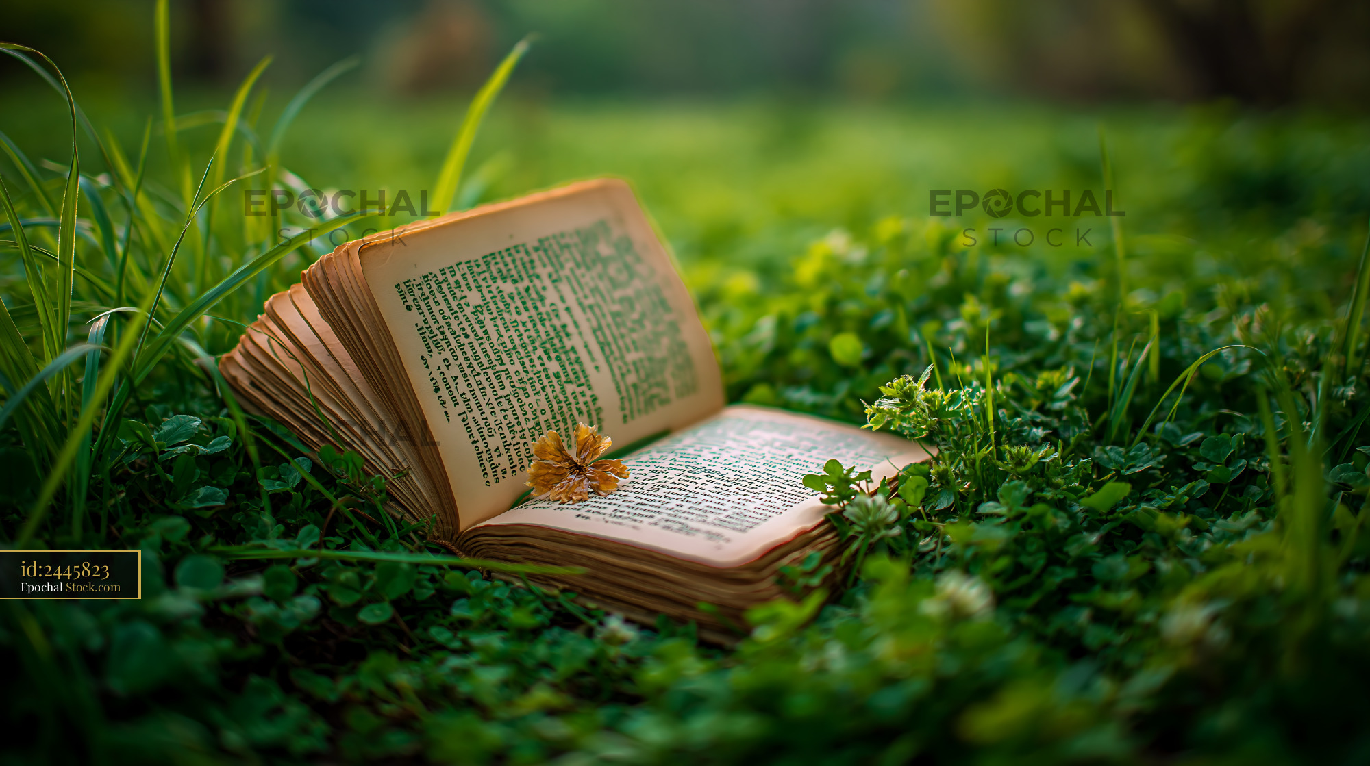 Vintage open book lying on lush green grass during golden hour