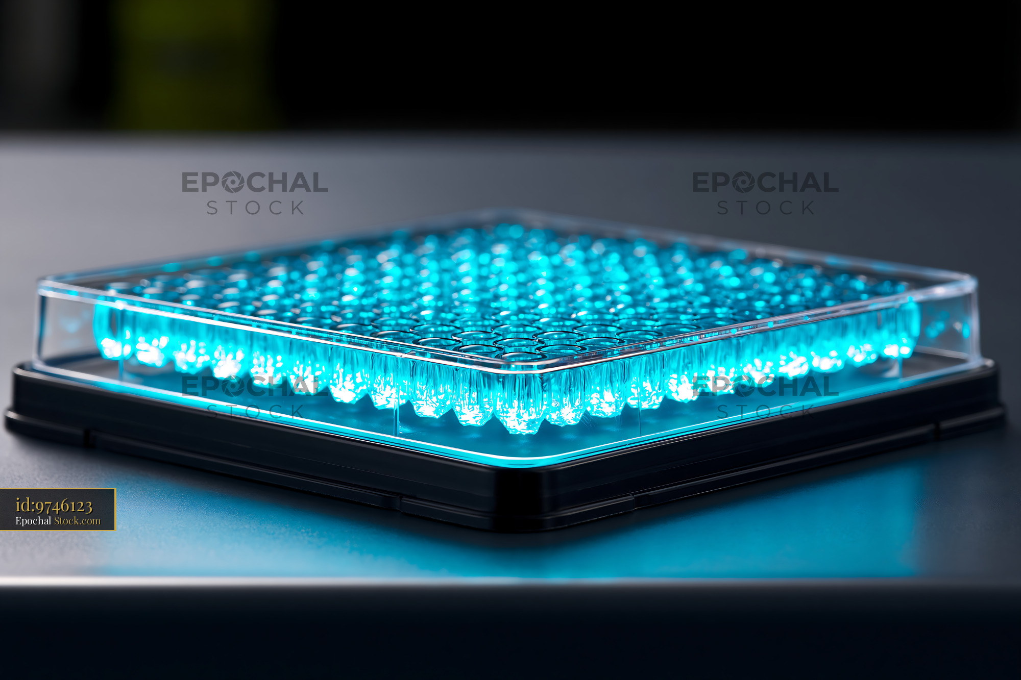 Microplate with glowing blue protein solution for scientific research - stock photo