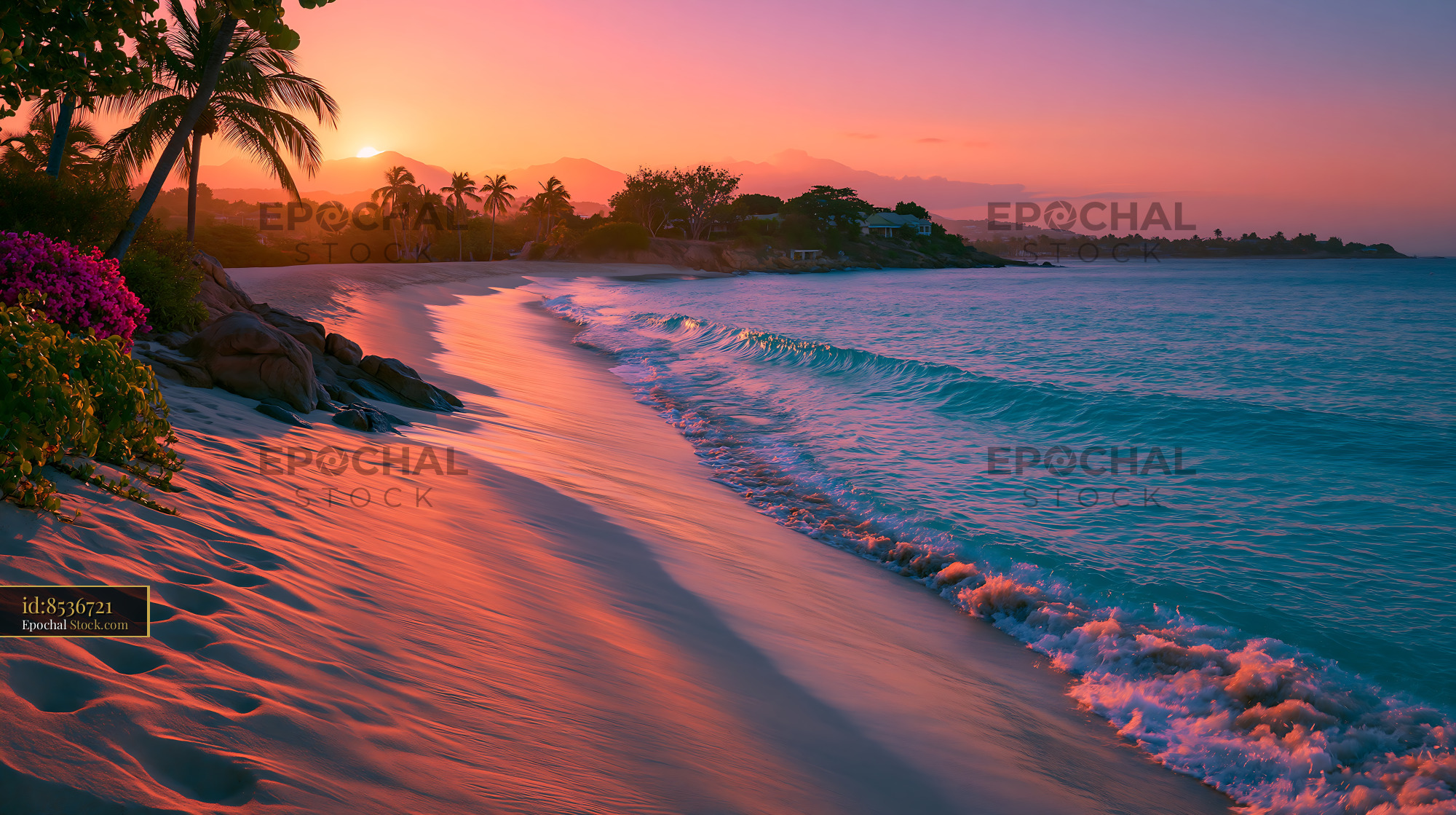 Tropical beach at sunset with palm trees and turquoise ocean waves - stock photo