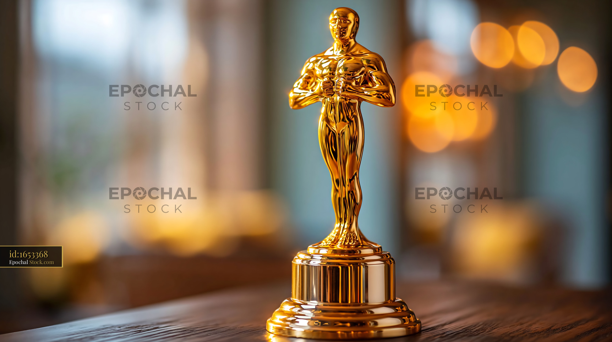 Golden award statue on wooden table with warm bokeh background - stock photo