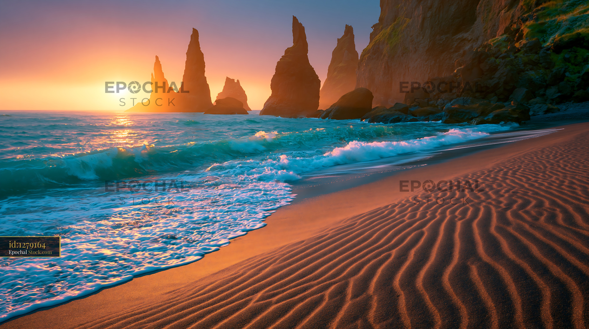 Basalt sea stacks at sunset on a black sand beach in Iceland - stock photo