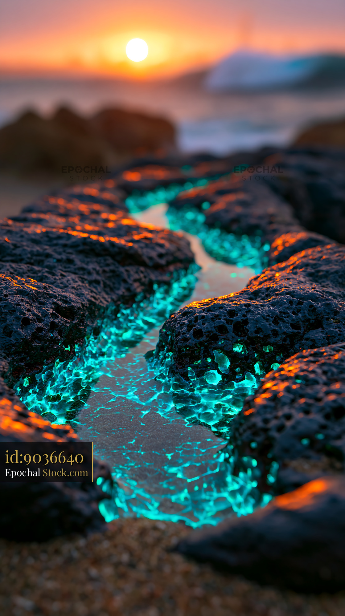 Azores volcanic tide pool basalt with glowing water at sunset - stock photo
