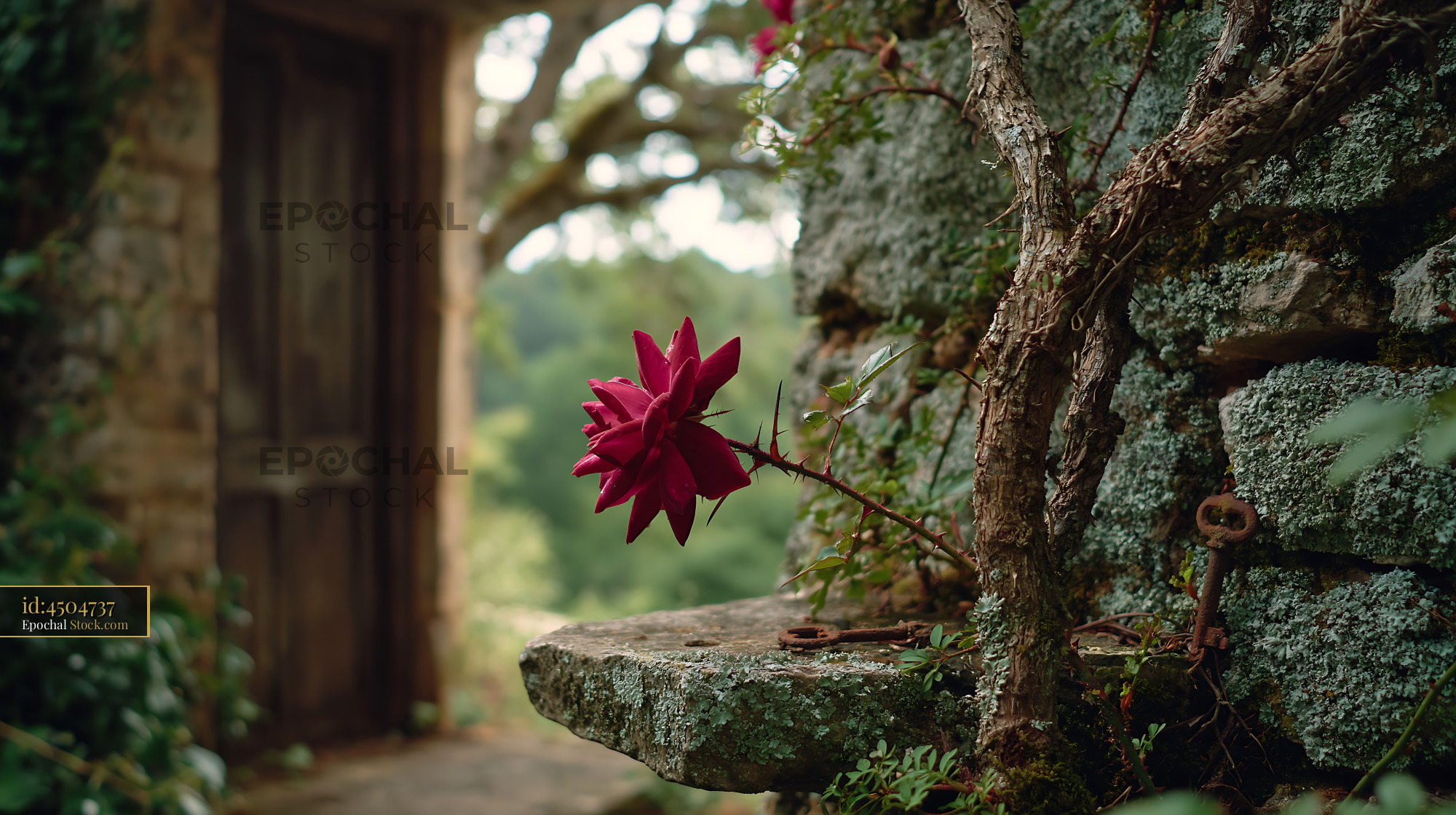 Dark red rose on thorny vine growing from an old stone wall
