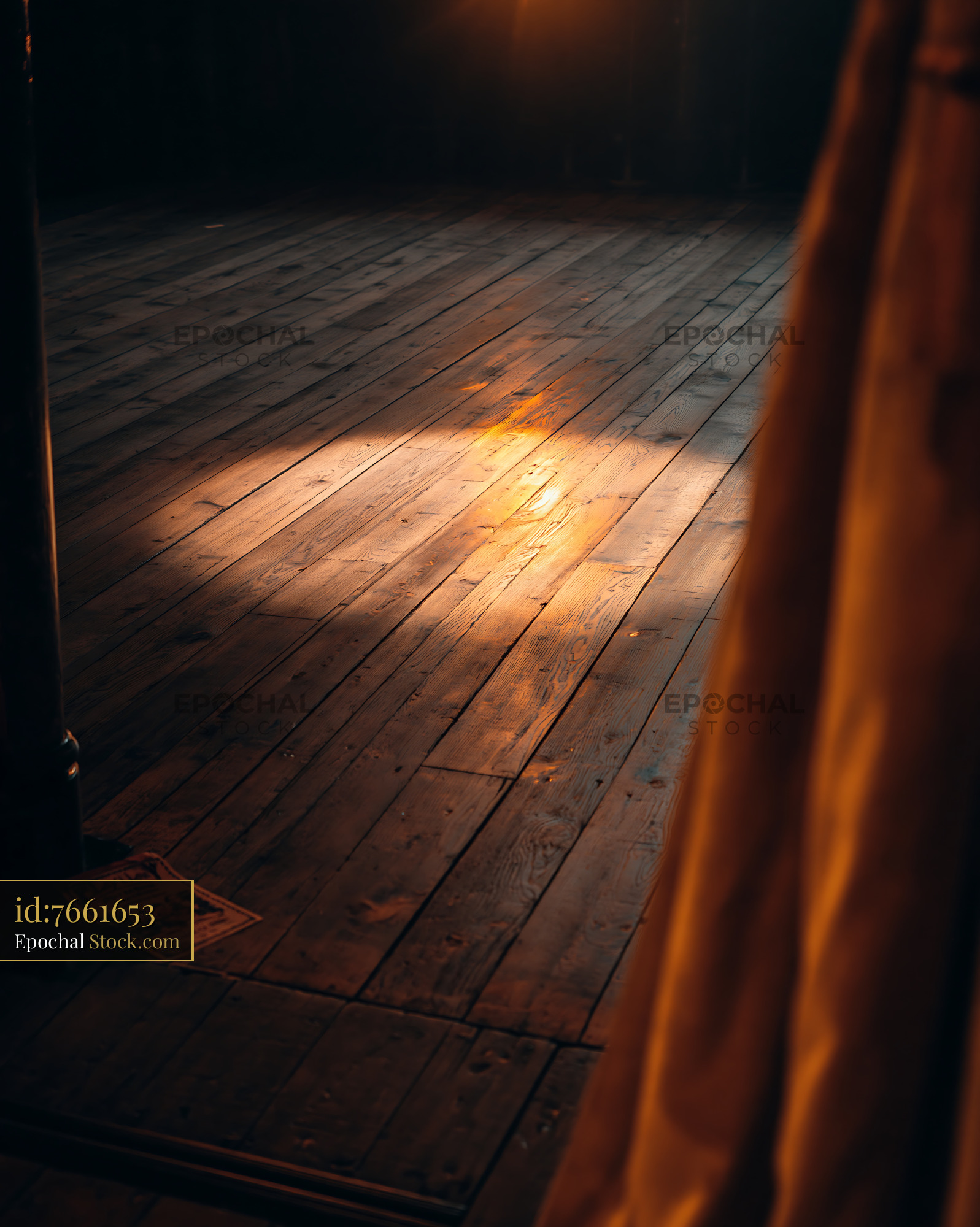 Warm spotlight on rustic wooden floor in a theater dressing room - stock photo
